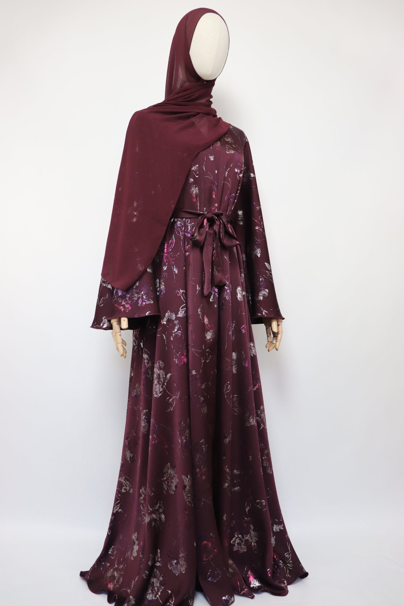 Open Flare Floral Satin Foiled Umbrella Abaya - Iridescent Maroon