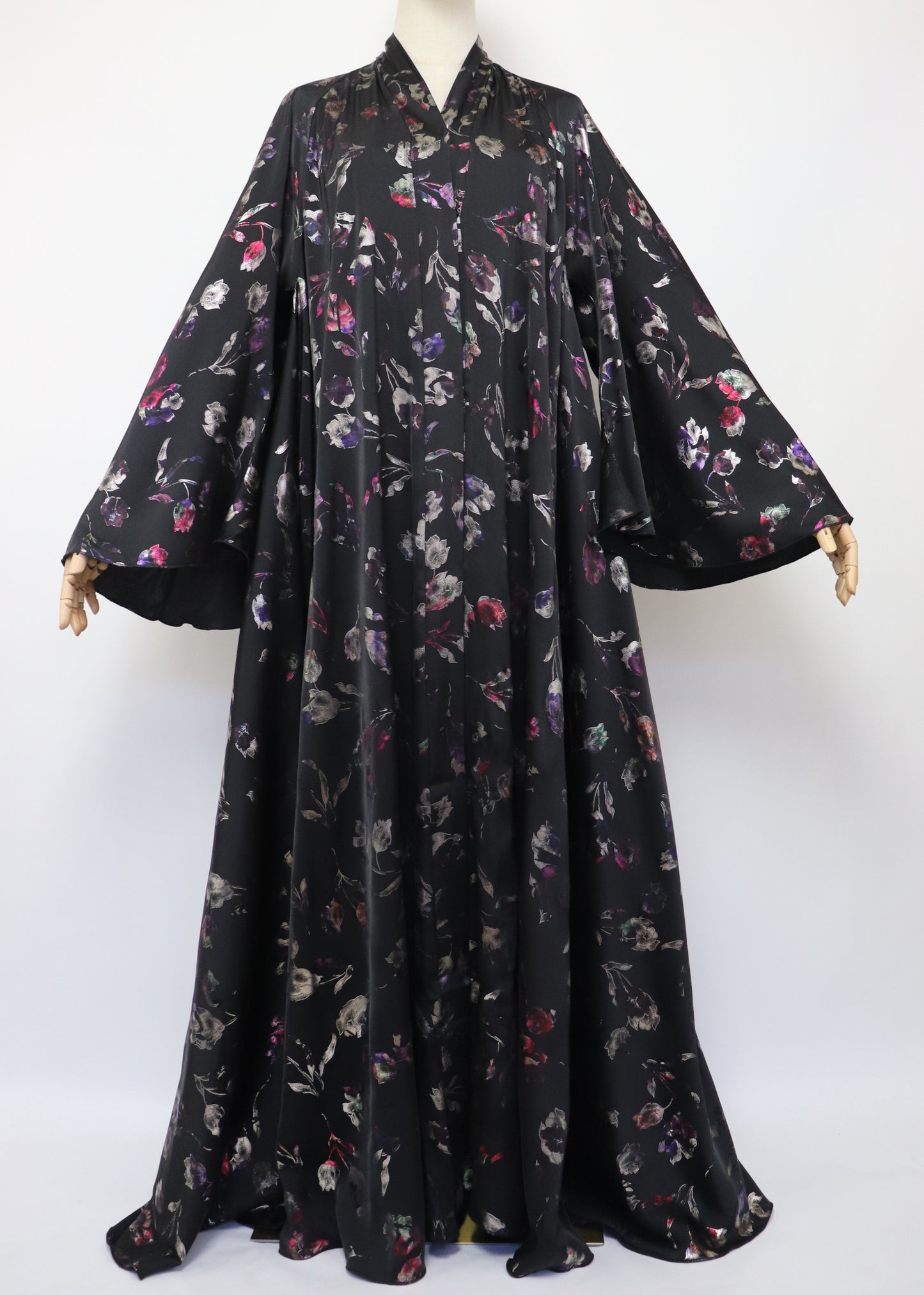 Open Flare Floral Satin Foiled Umbrella Abaya - Iridescent Black