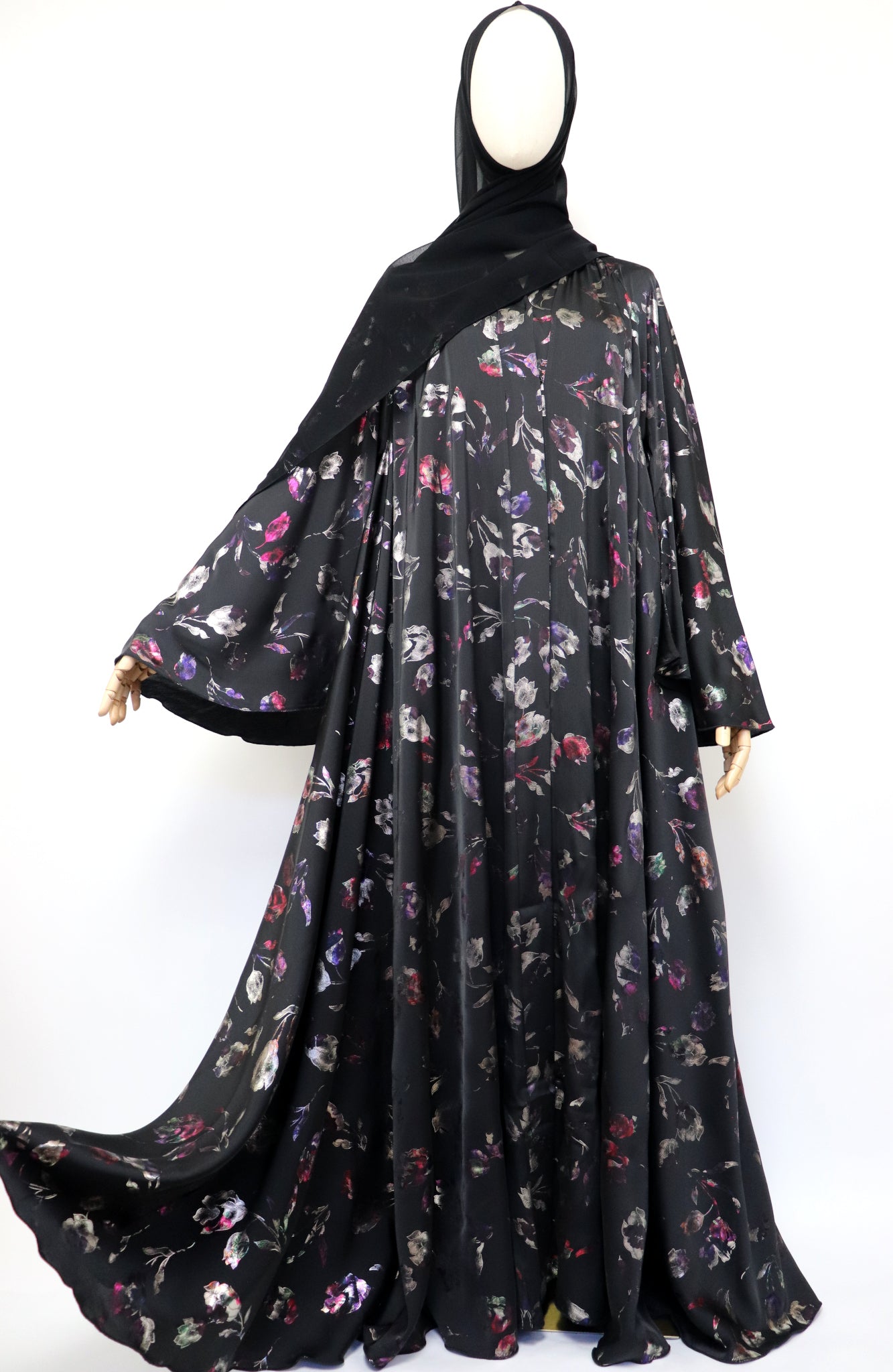 Open Flare Floral Satin Foiled Umbrella Abaya - Iridescent Black