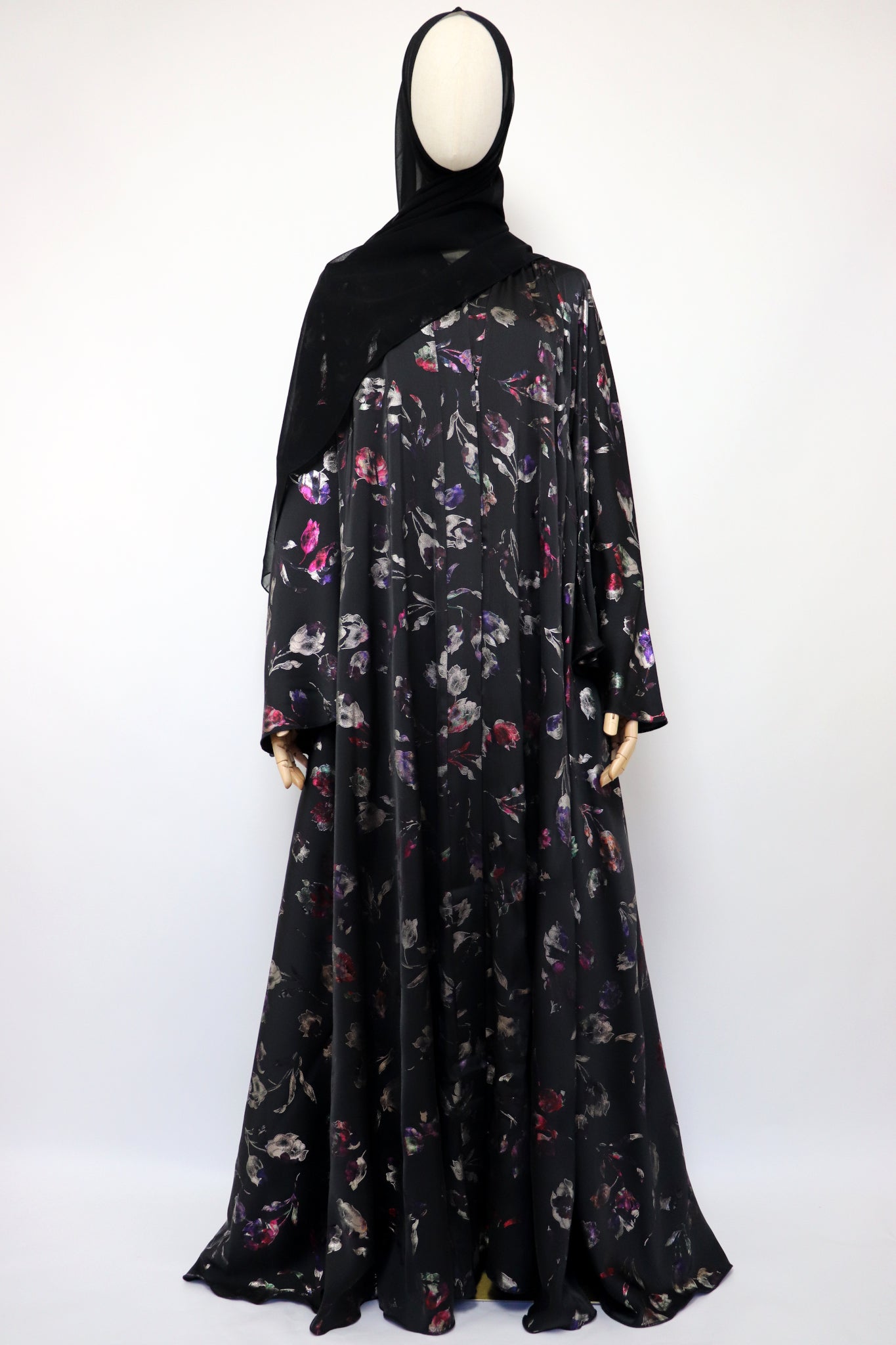 Open Flare Floral Satin Foiled Umbrella Abaya - Iridescent Black