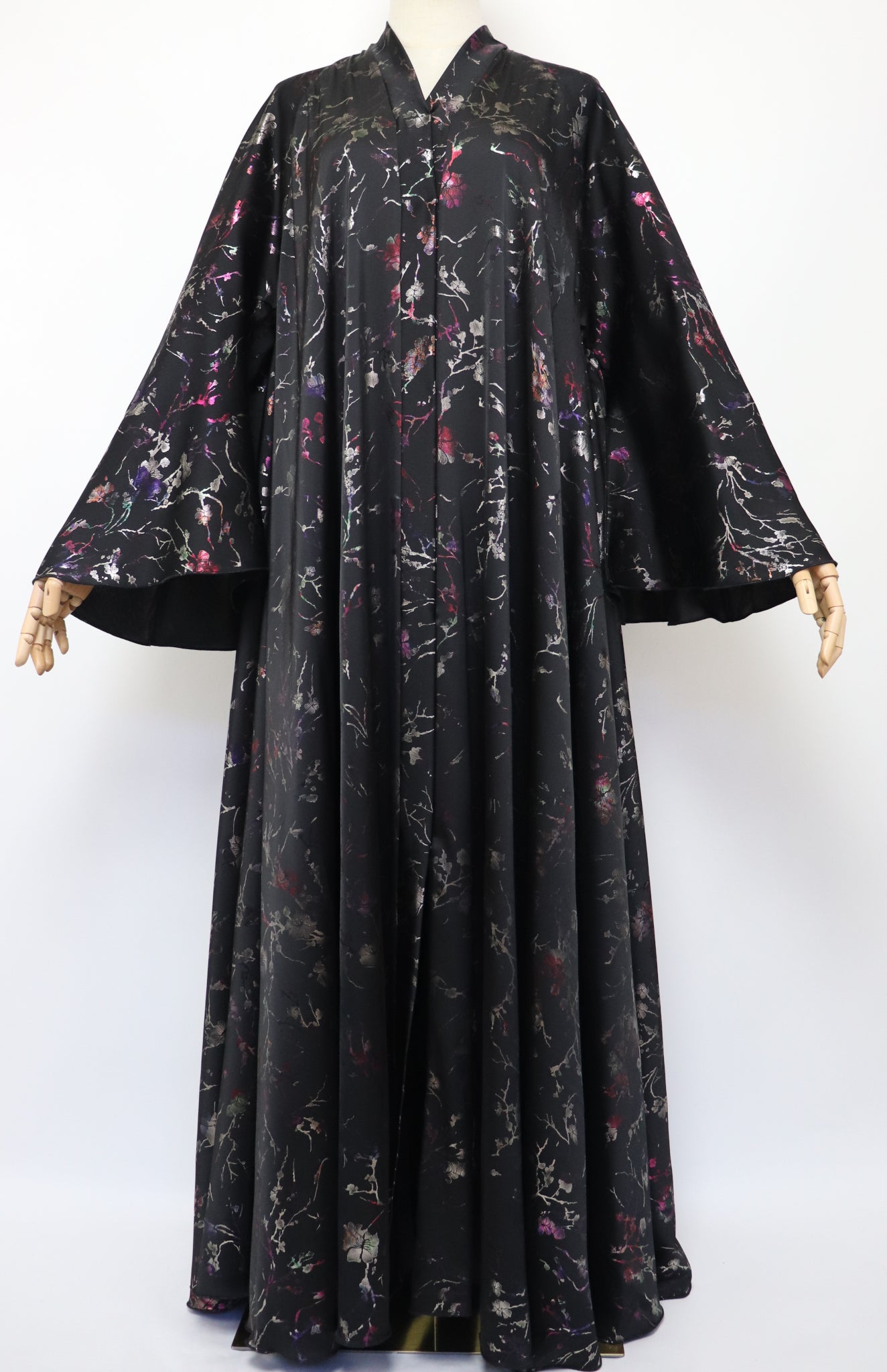 Open Flare Floral Satin Foiled Umbrella Abaya - Black Iridescent