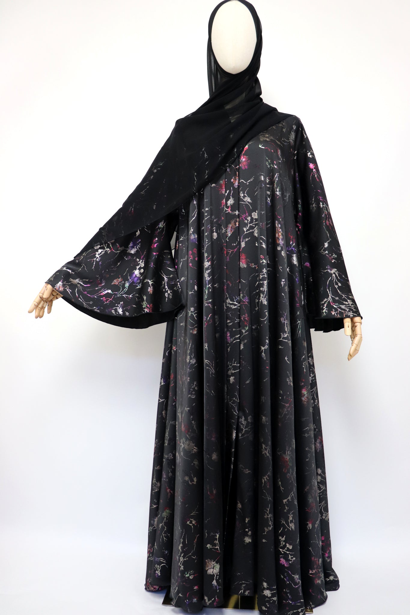 Open Flare Floral Satin Foiled Umbrella Abaya - Black Iridescent