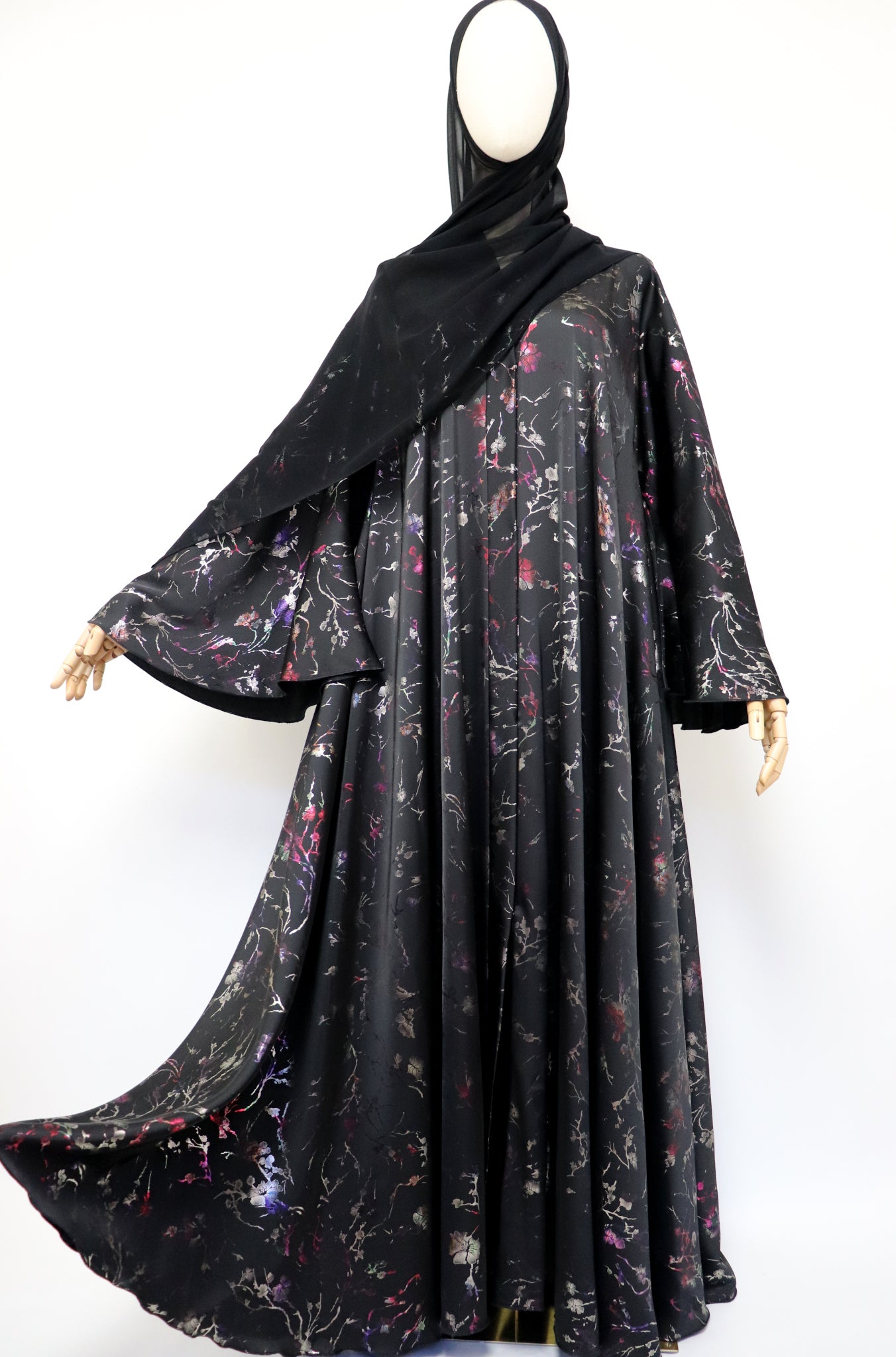 Open Flare Floral Satin Foiled Umbrella Abaya - Black Iridescent