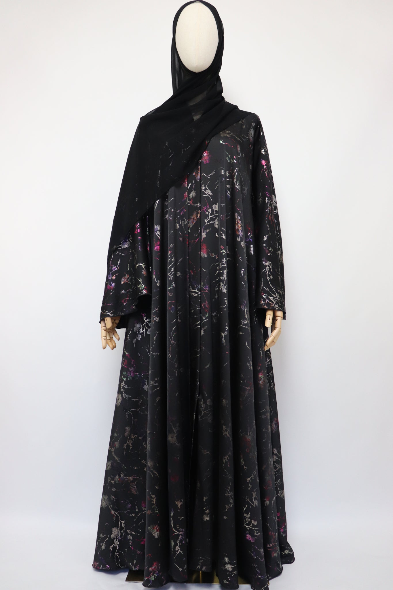 Open Flare Floral Satin Foiled Umbrella Abaya - Black Iridescent