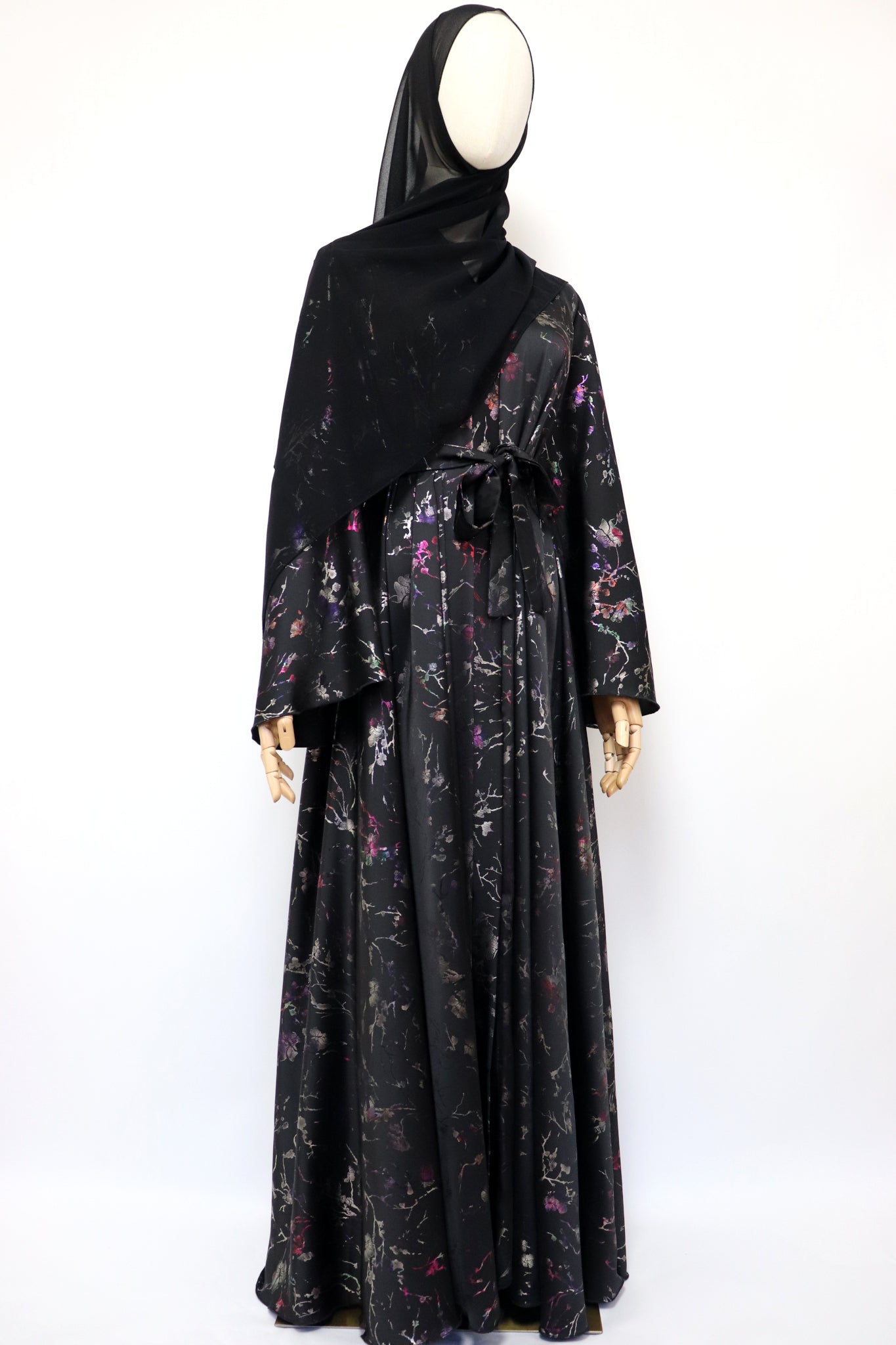 Open Flare Floral Satin Foiled Umbrella Abaya - Black Iridescent