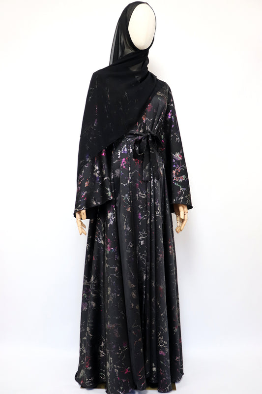 Open Flare Floral Satin Foiled Umbrella Abaya - Black Iridescent