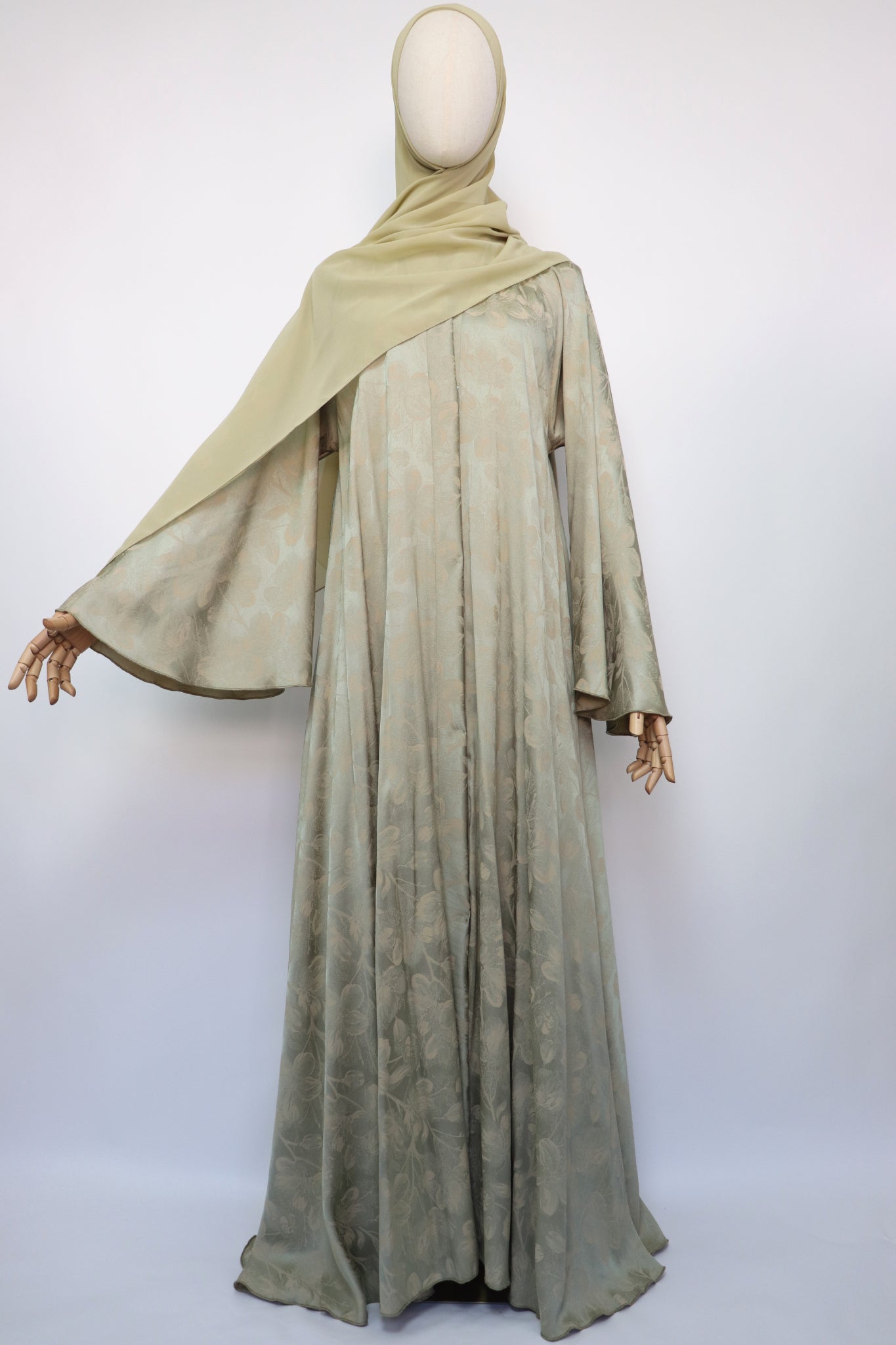 Open Floral Jacquard Flare Umbrella Abaya - Pale Gold