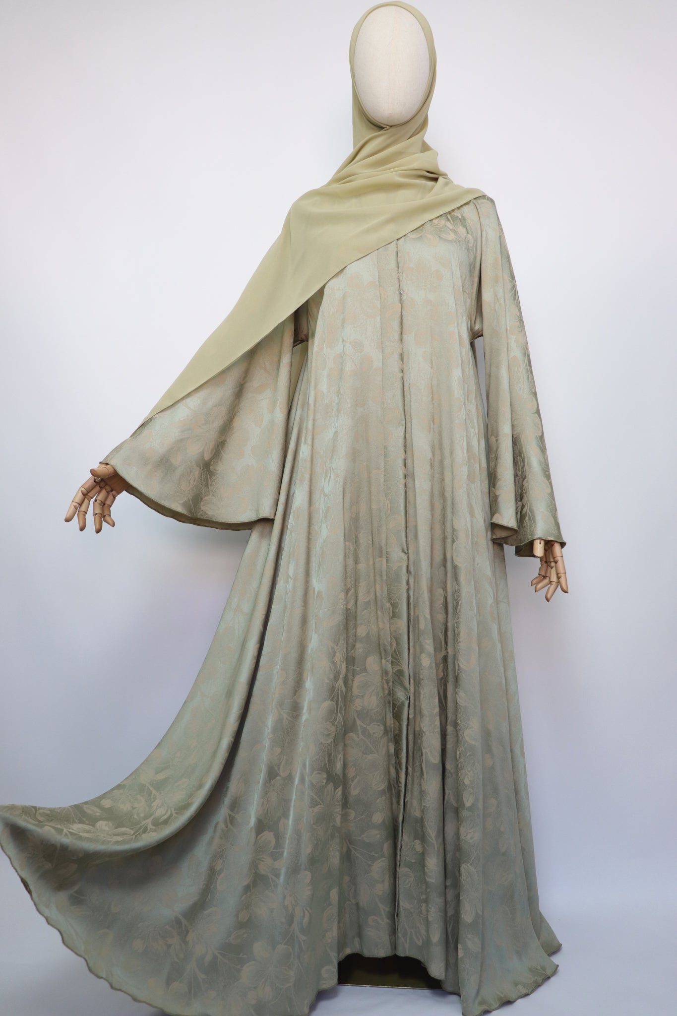 Open Floral Jacquard Flare Umbrella Abaya - Pale Gold