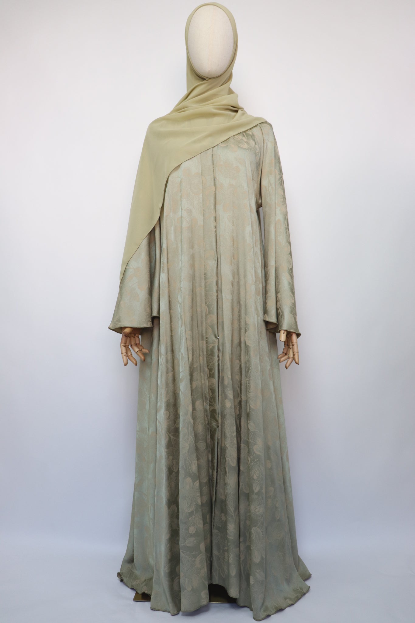 Open Floral Jacquard Flare Umbrella Abaya - Pale Gold