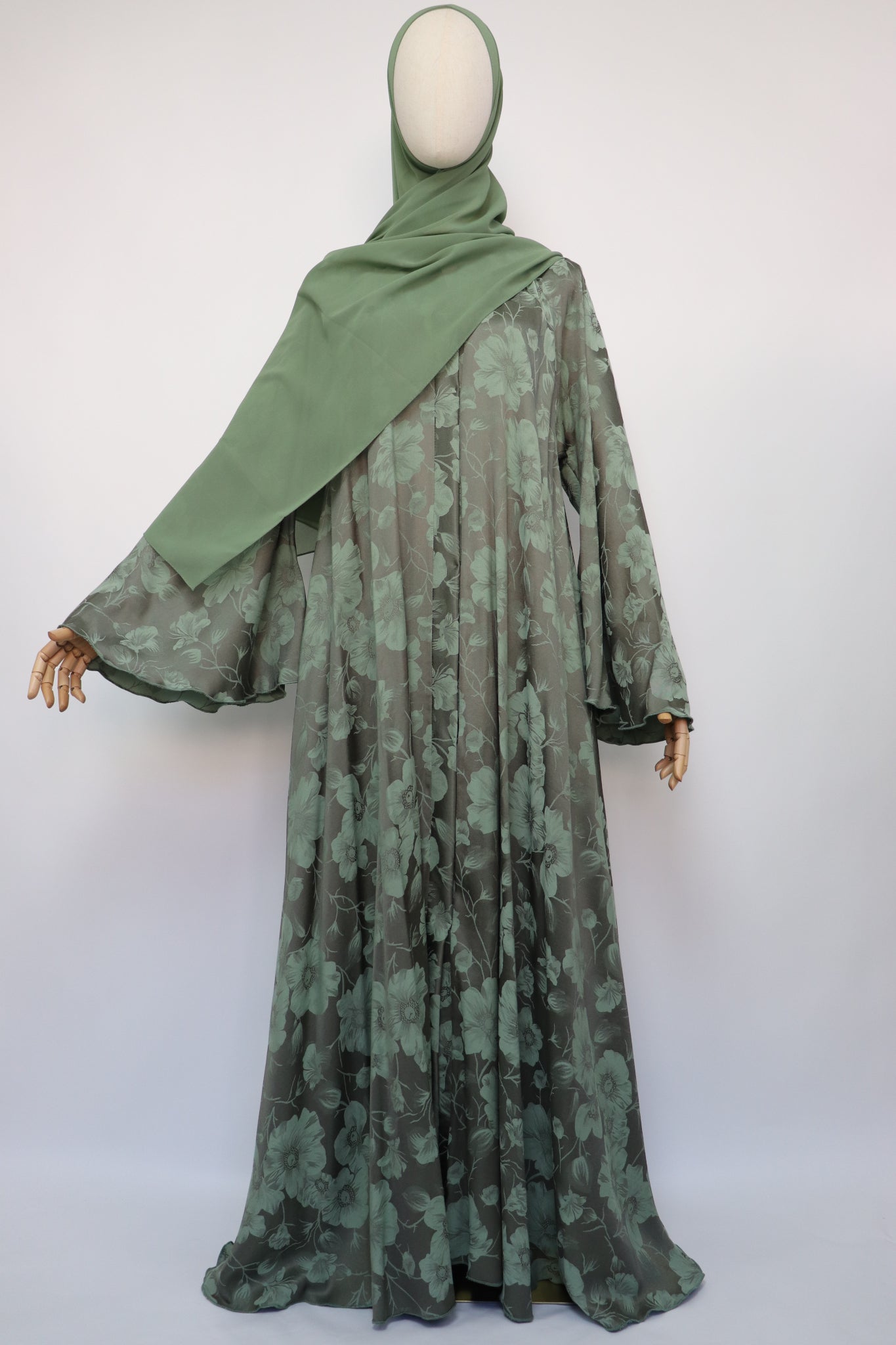 Open Floral Jacquard Flare Umbrella Abaya - Mossy Sage