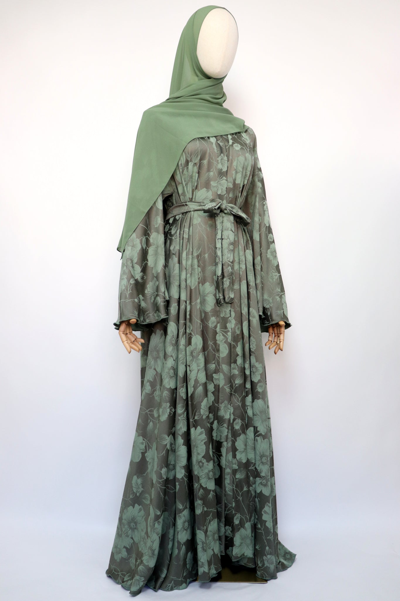 Open Floral Jacquard Flare Umbrella Abaya - Mossy Sage
