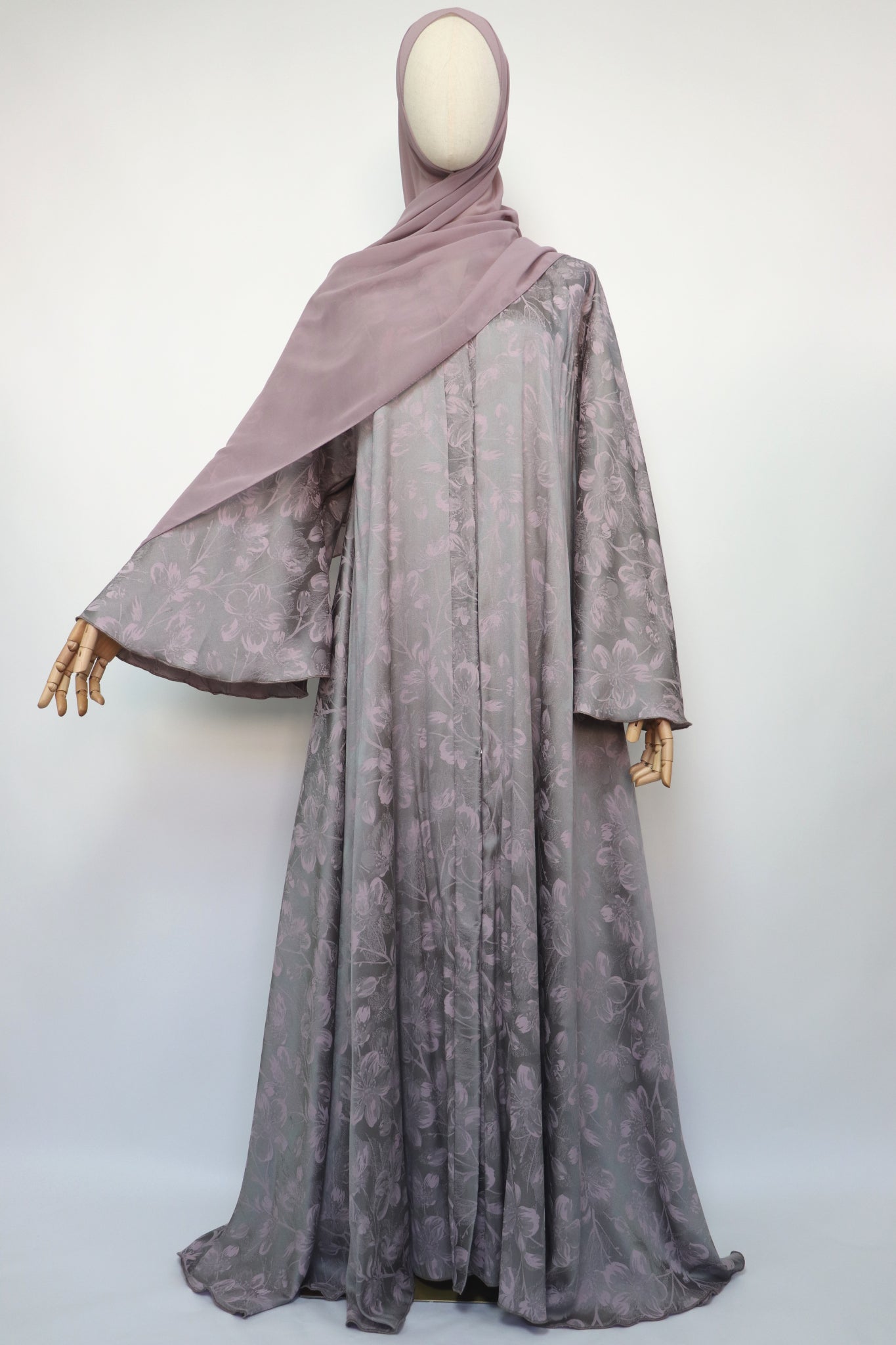 Open Floral Jacquard Flare Umbrella Abaya - Mauve Pink