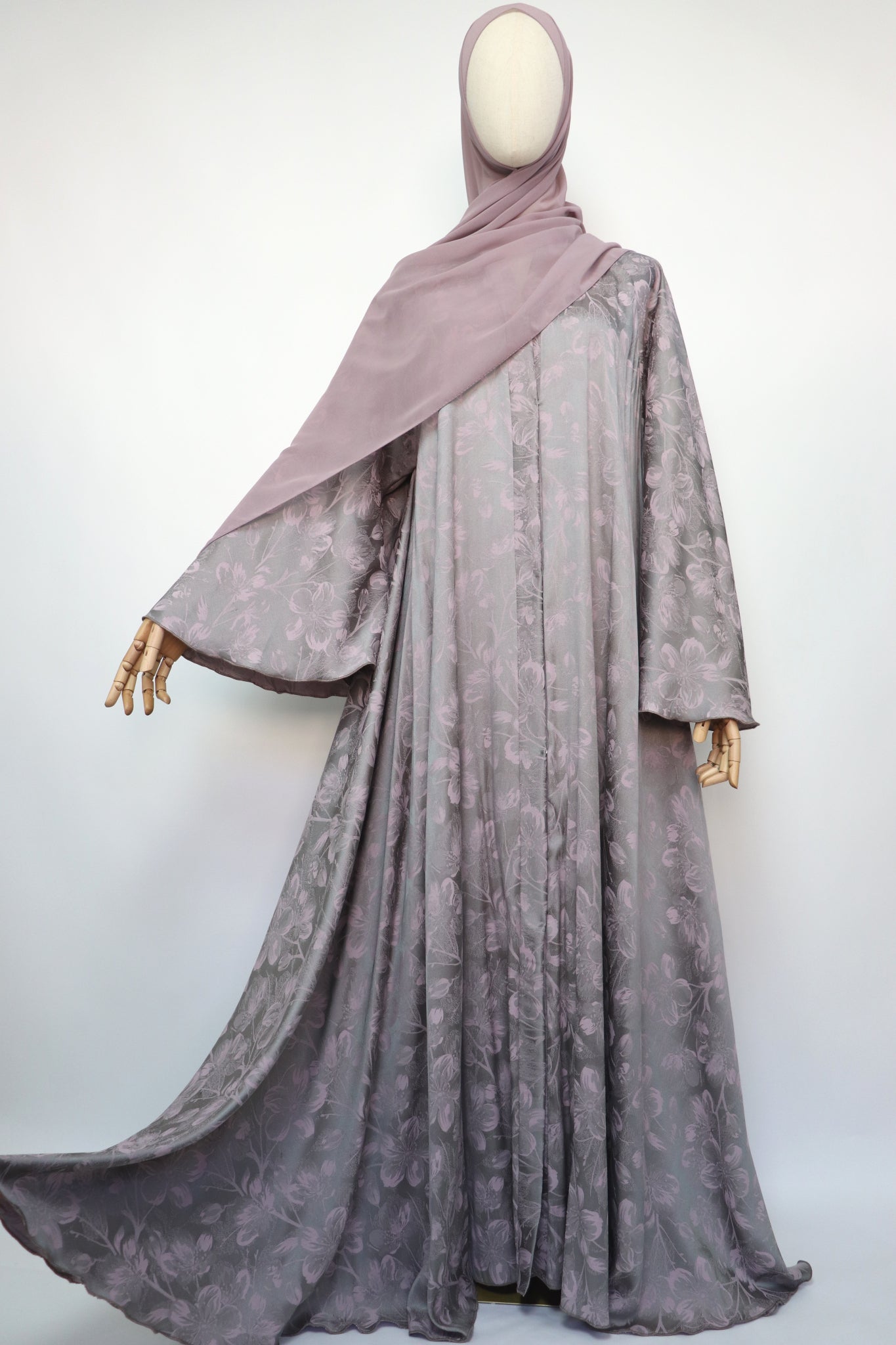 Open Floral Jacquard Flare Umbrella Abaya - Mauve Pink