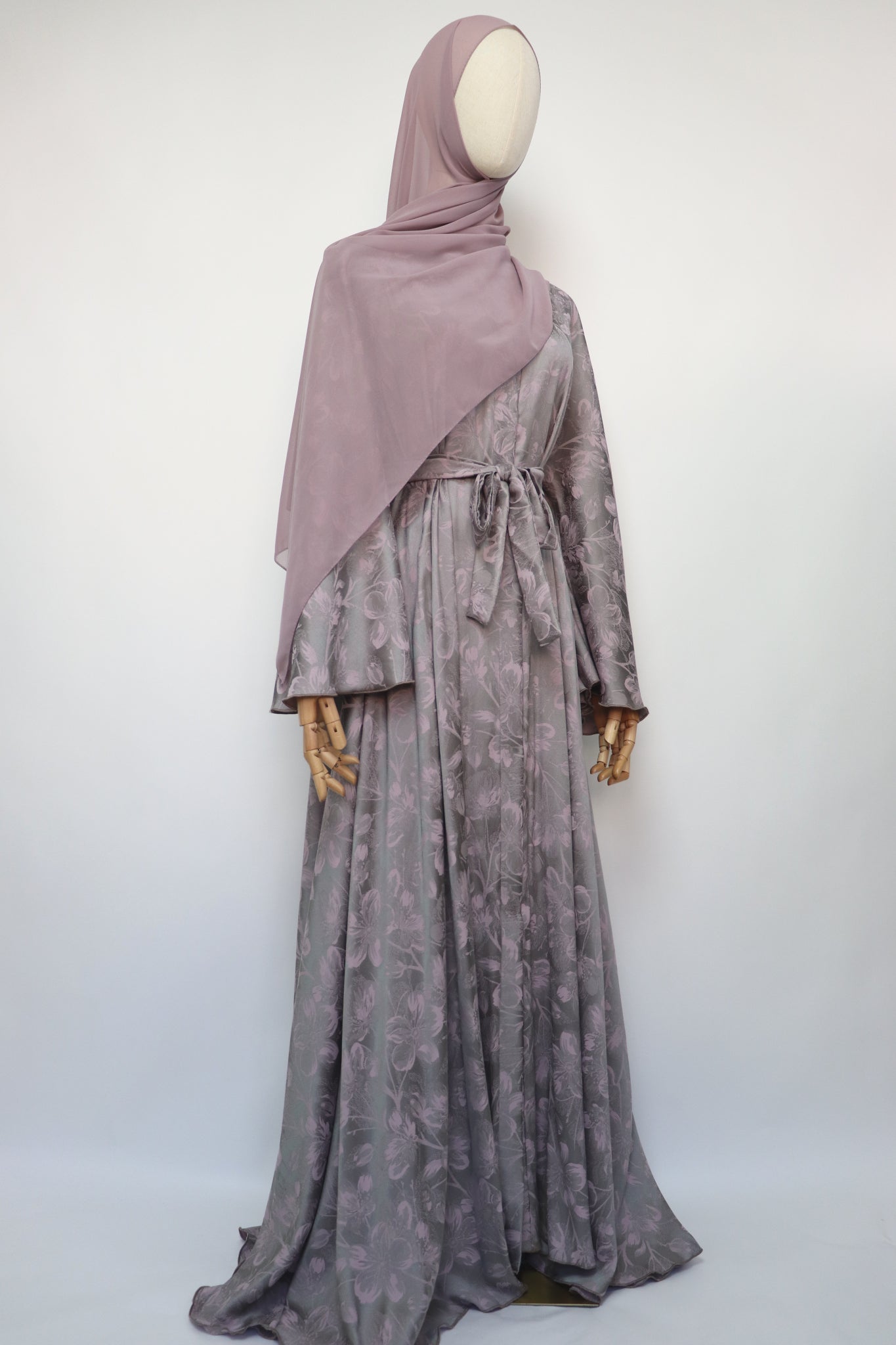 Open Floral Jacquard Flare Umbrella Abaya - Mauve Pink