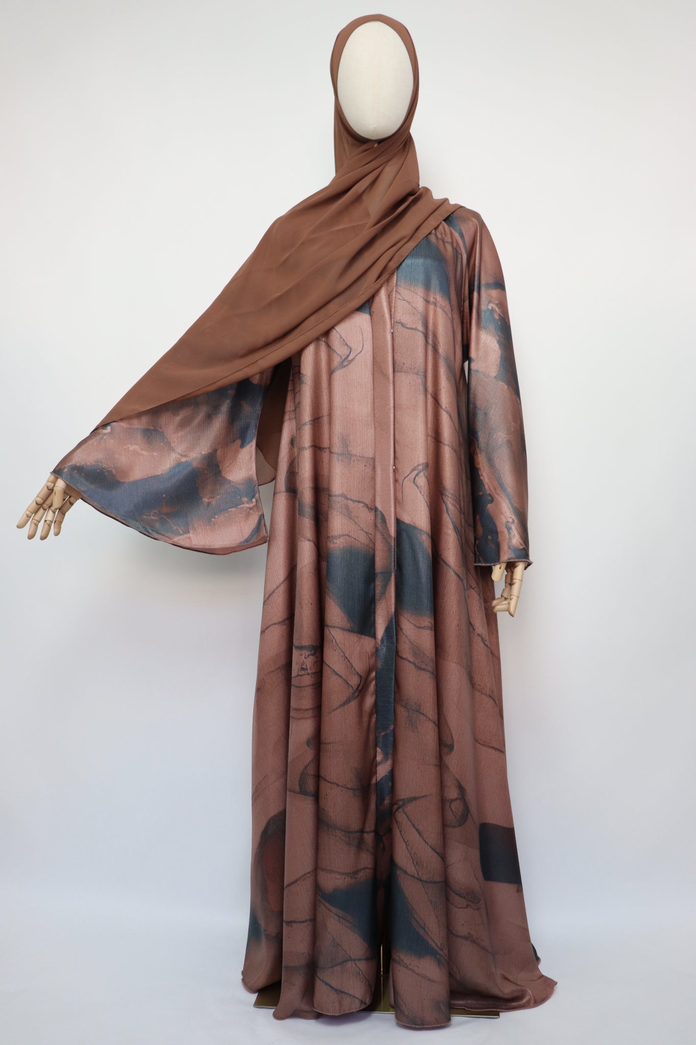 Open Flare Crinkle Sheen Umbrella Abaya - Rose Bronze