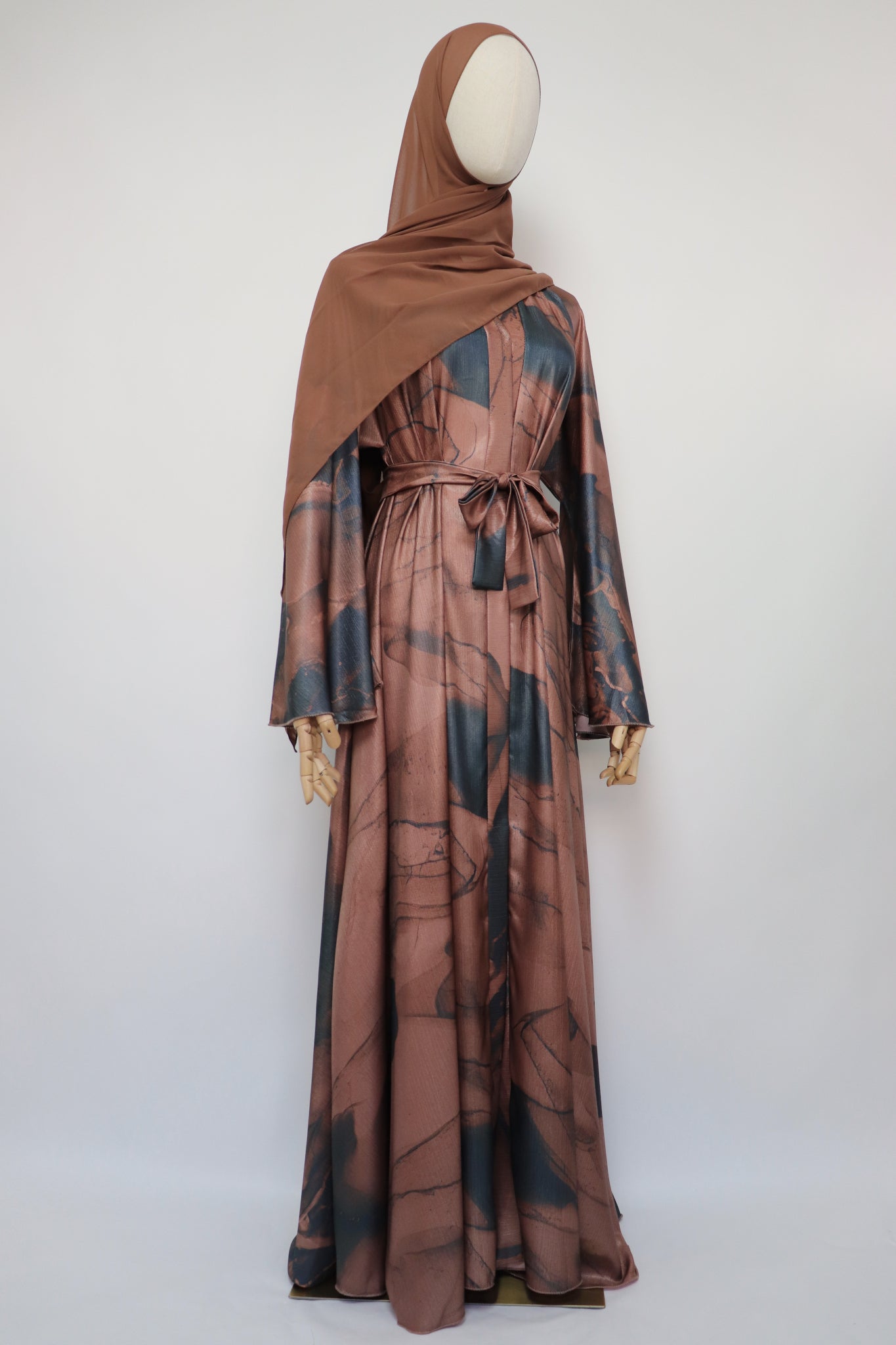Open Flare Crinkle Sheen Umbrella Abaya - Rose Bronze