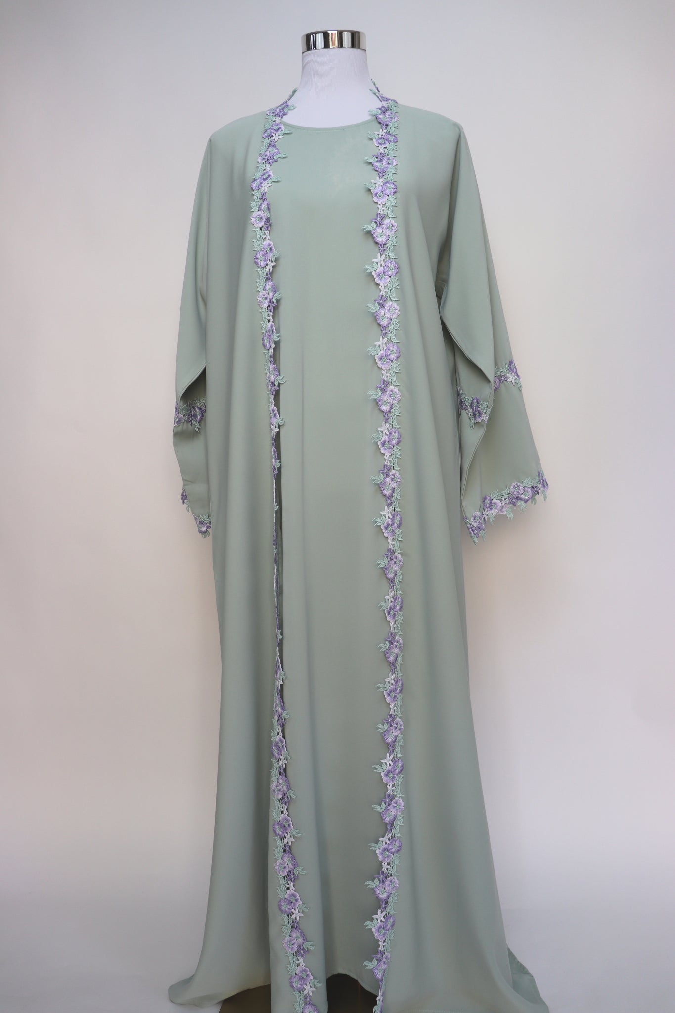 3 Piece Set Floral Embroidery Lace Trim Abaya - Light Sage / Lavender