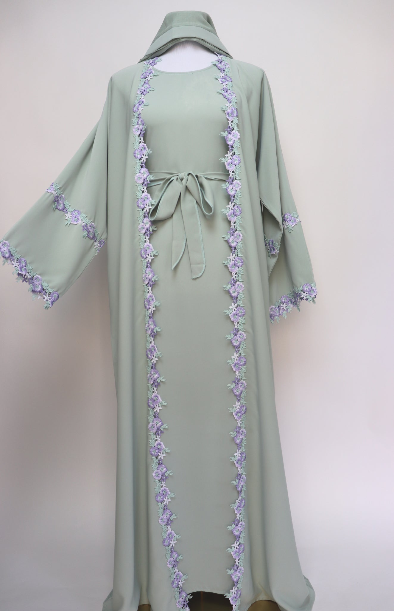 3 Piece Set Floral Embroidery Lace Trim Abaya - Light Sage / Lavender