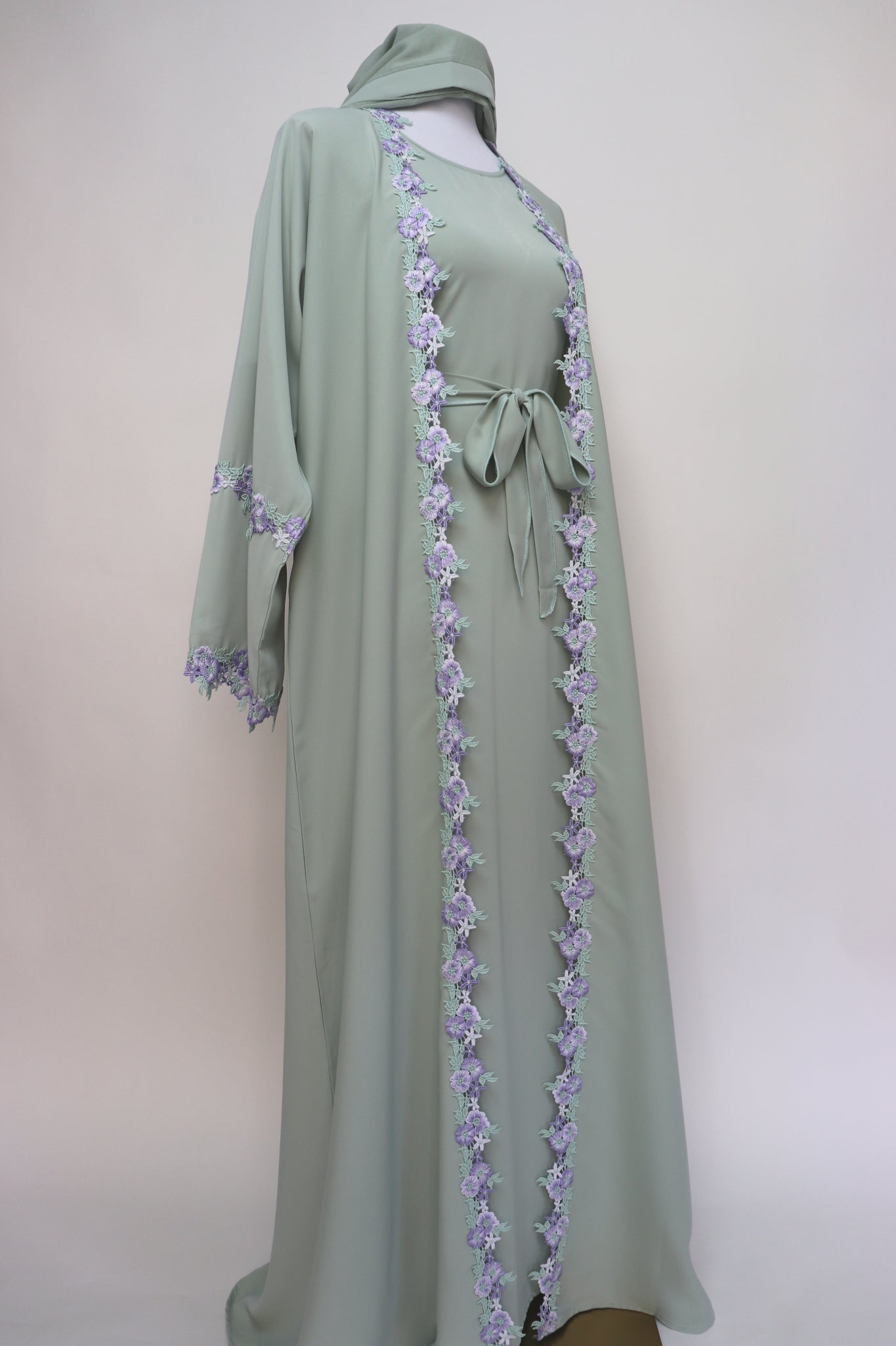 3 Piece Set Floral Embroidery Lace Trim Abaya - Light Sage / Lavender