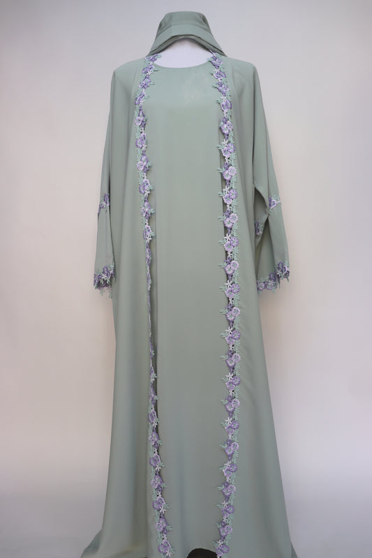 3 Piece Set Floral Embroidery Lace Trim Abaya - Light Sage / Lavender