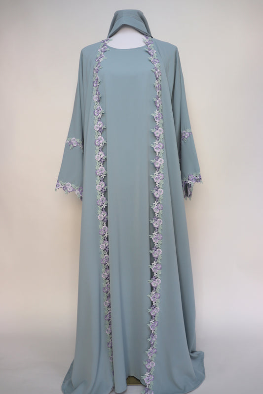 3 Piece Set Floral Embroidery Lace Trim Abaya - Misty Blue / Lavender