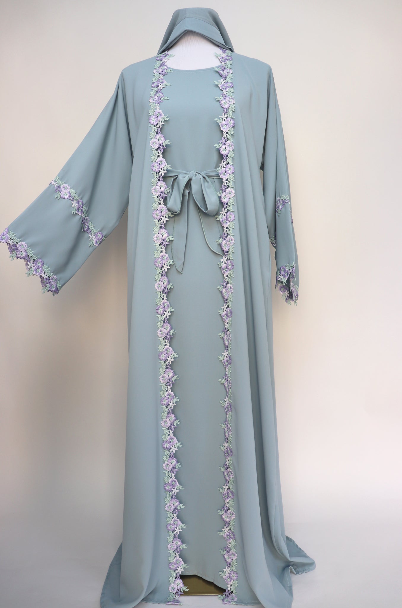 3 Piece Set Floral Embroidery Lace Trim Abaya - Misty Blue / Lavender