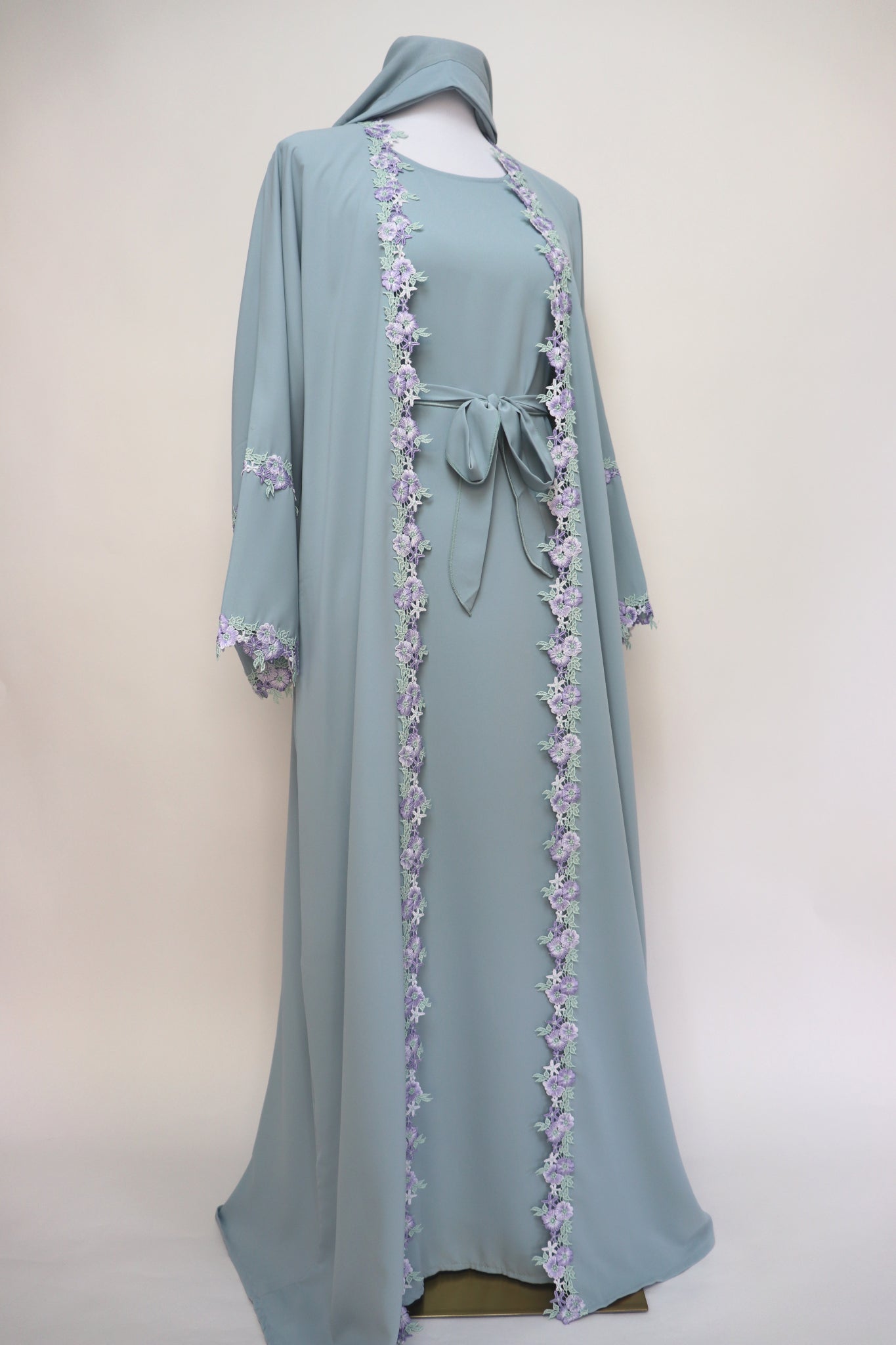 3 Piece Set Floral Embroidery Lace Trim Abaya - Misty Blue / Lavender