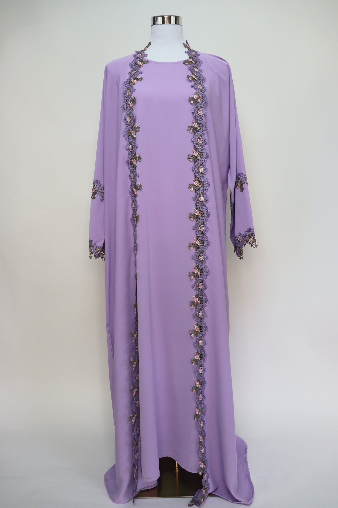 3 Piece Set Floral Embroidery Lace Trim Abaya - Lavender
