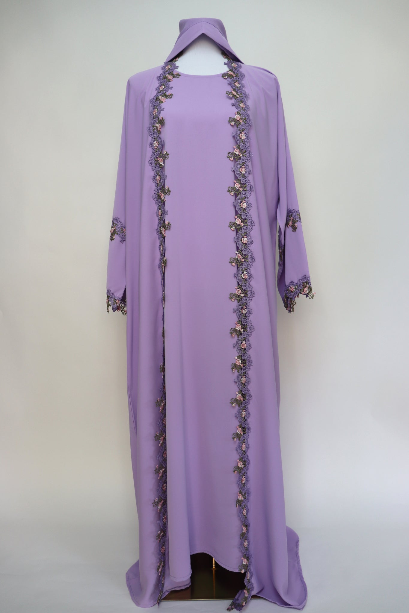 3 Piece Set Floral Embroidery Lace Trim Abaya - Lavender