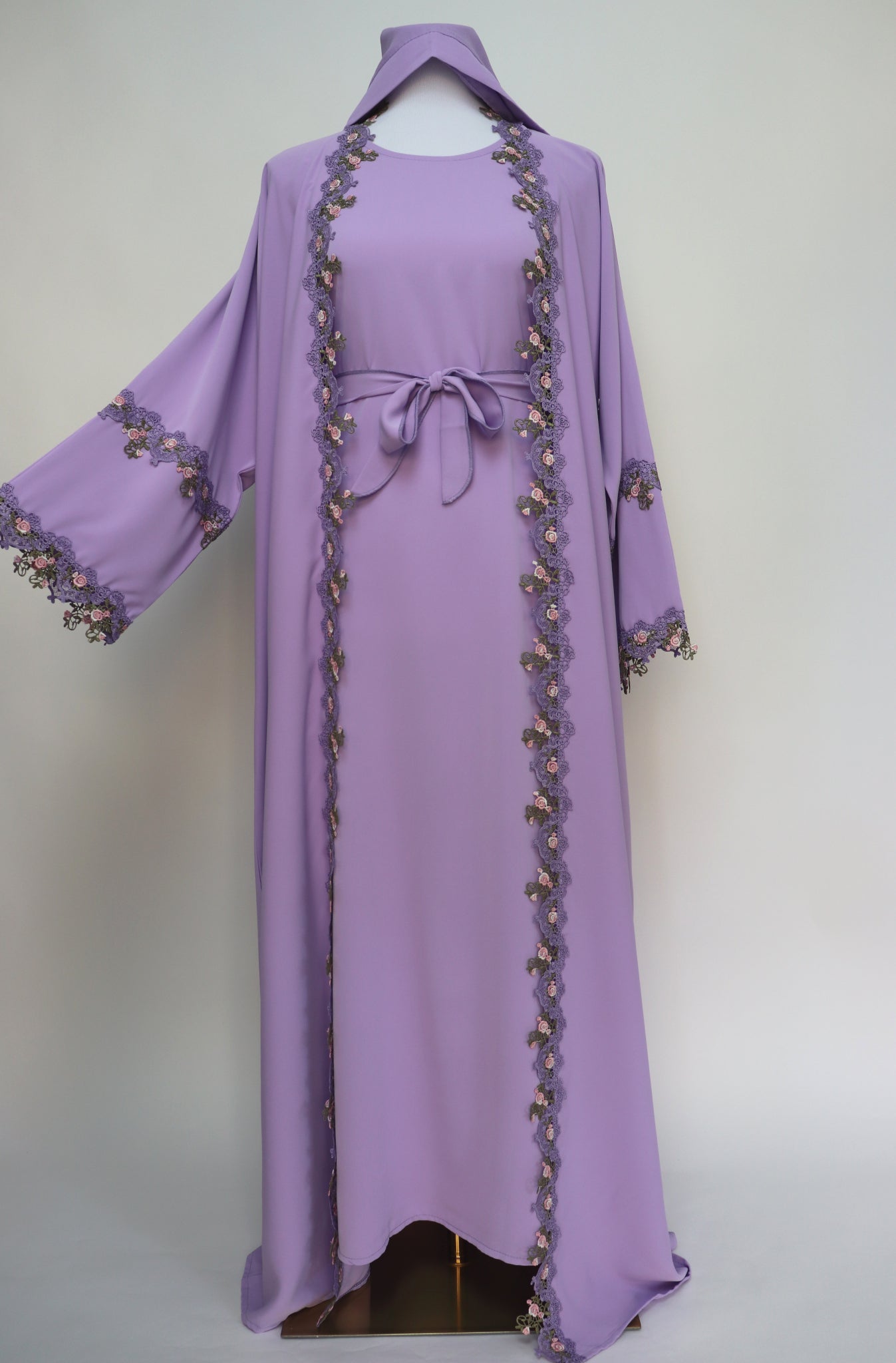 3 Piece Set Floral Embroidery Lace Trim Abaya - Lavender