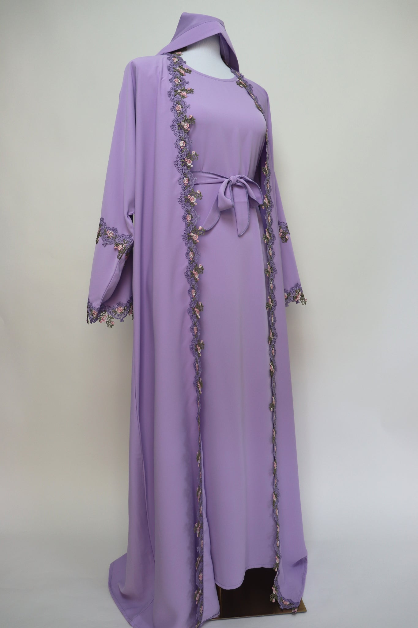 3 Piece Set Floral Embroidery Lace Trim Abaya - Lavender