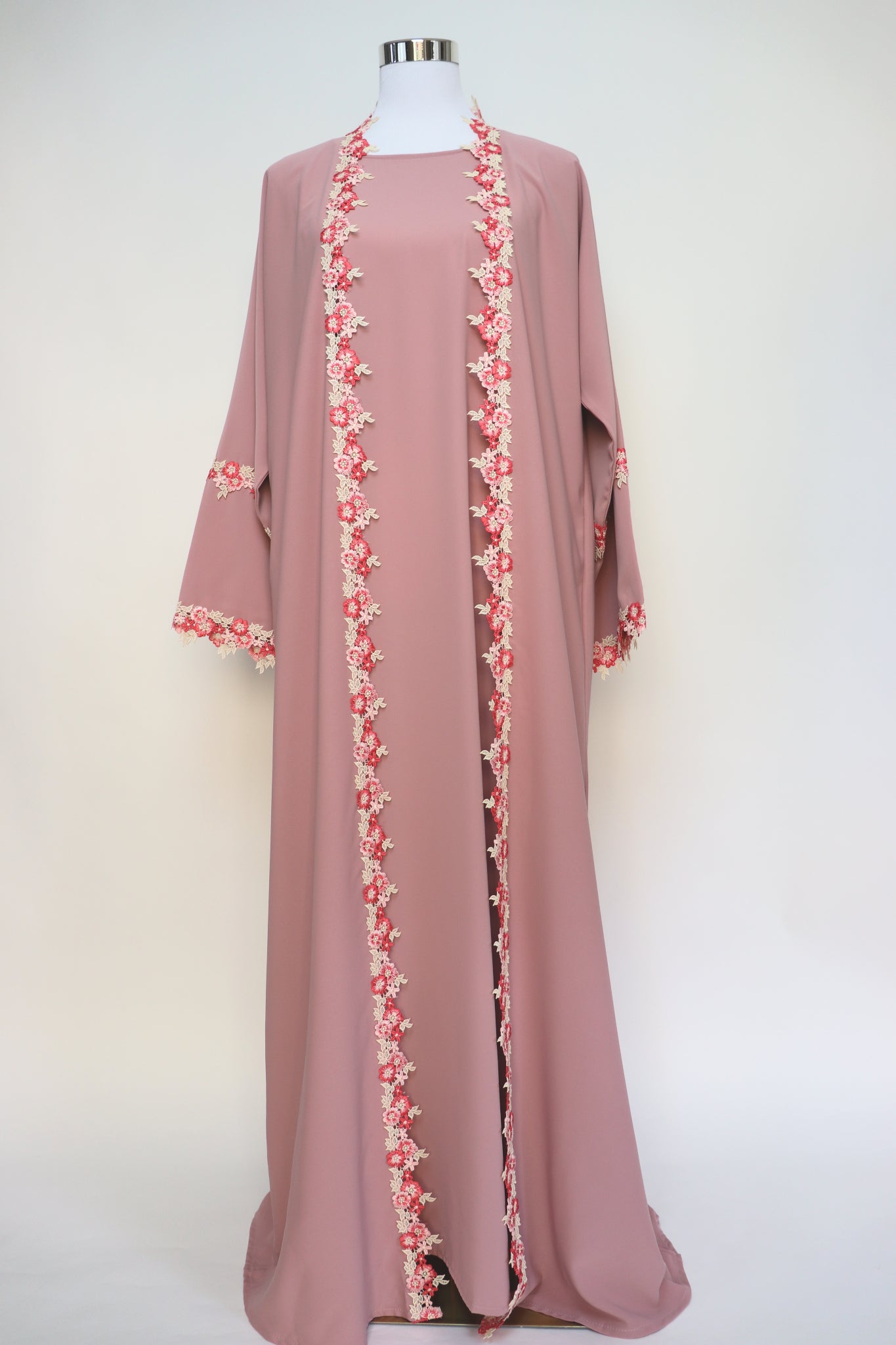 3 Piece Set Floral Embroidery Lace Trim Abaya - Blush Pink