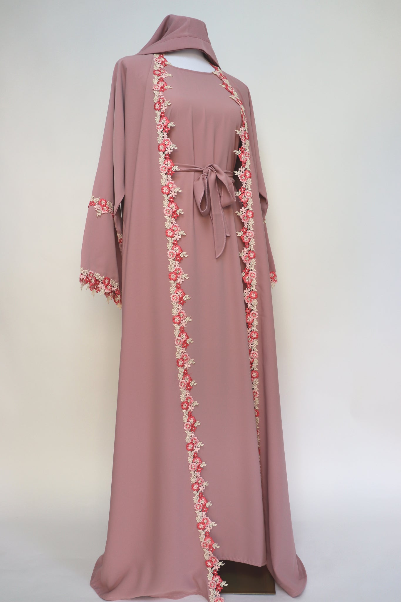 3 Piece Set Floral Embroidery Lace Trim Abaya - Blush Pink