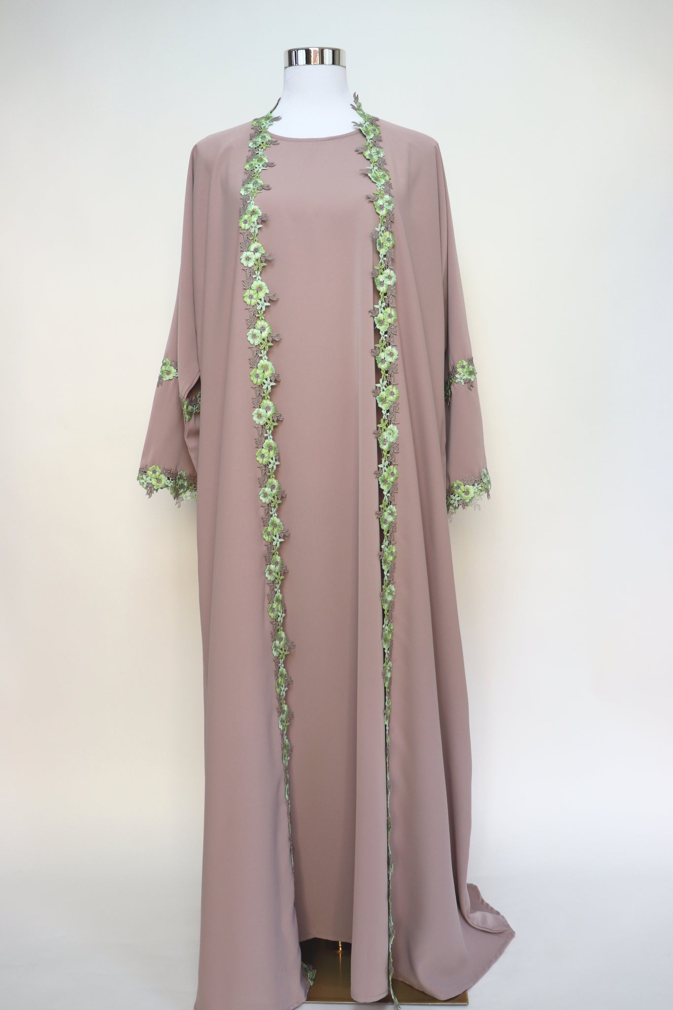 3 Piece Set Floral Embroidery Lace Trim Abaya - Taupe / Green