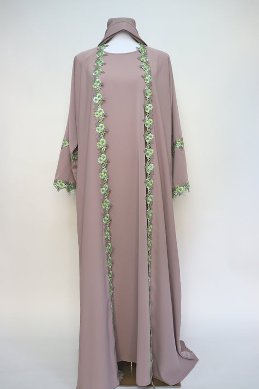 3 Piece Set Floral Embroidery Lace Trim Abaya - Taupe / Green