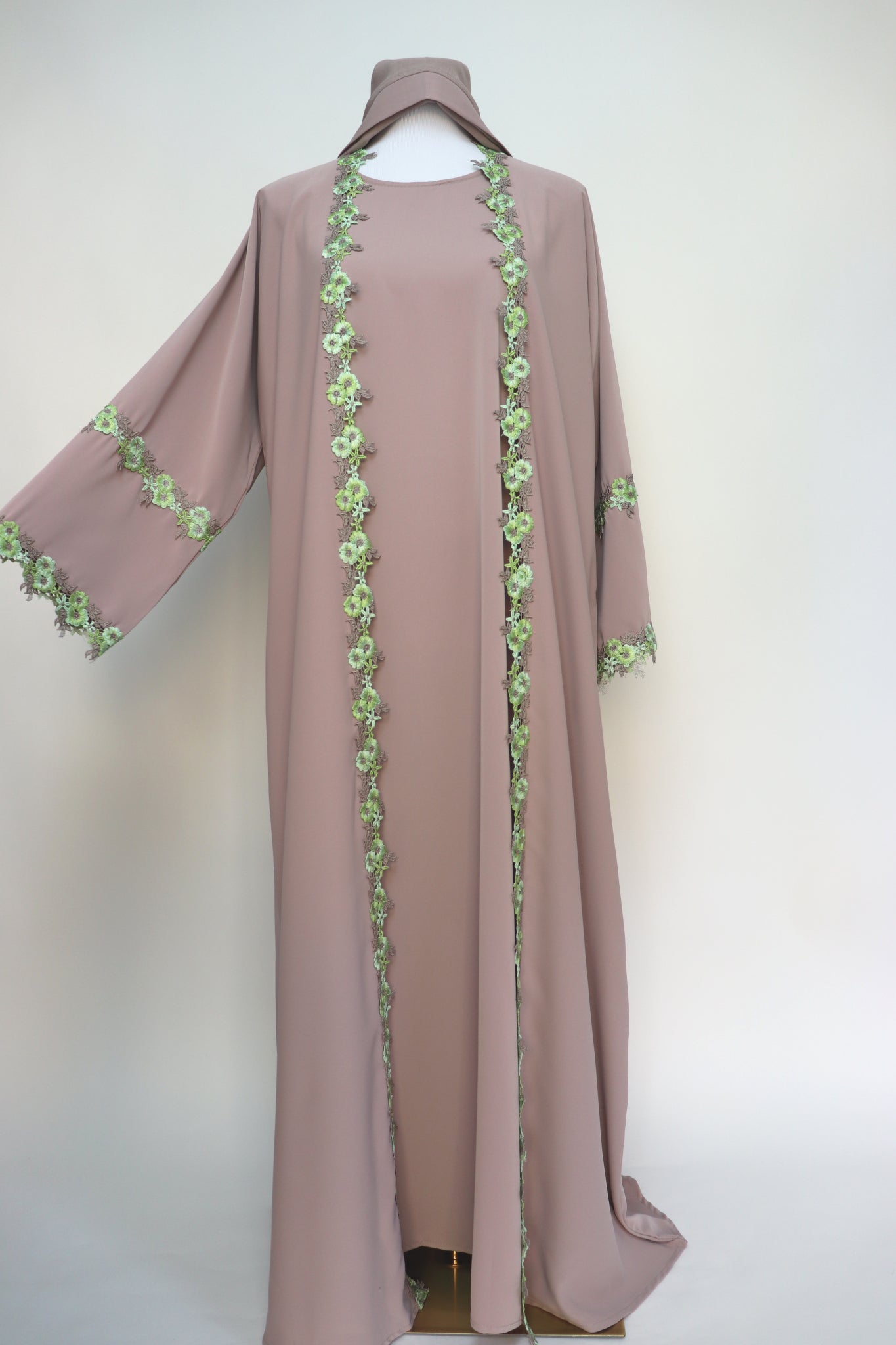 3 Piece Set Floral Embroidery Lace Trim Abaya - Taupe / Green