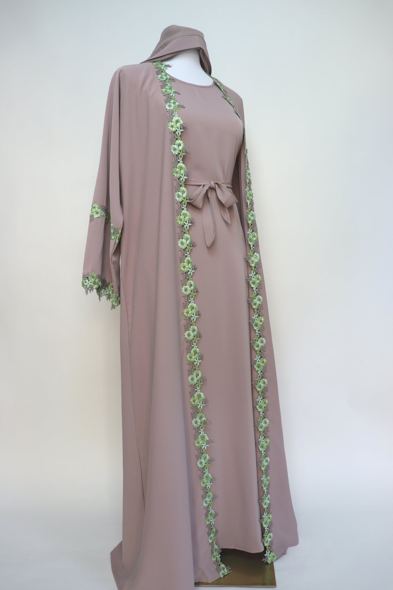 3 Piece Set Floral Embroidery Lace Trim Abaya - Taupe / Green