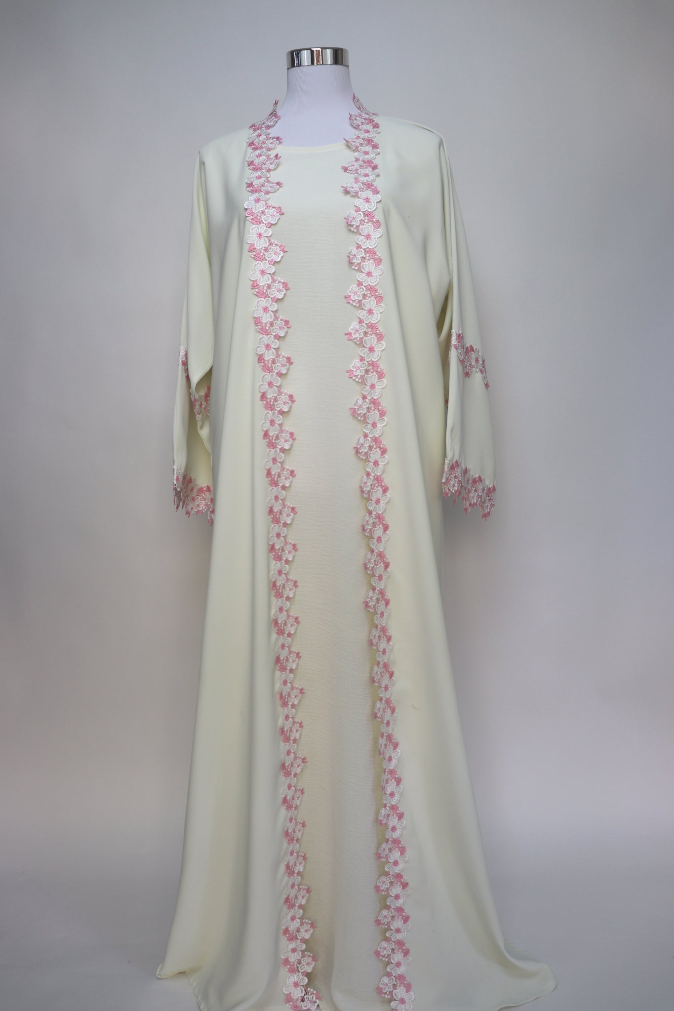 3 Piece Set Floral Embroidery Lace Trim Abaya - Cream / Pink