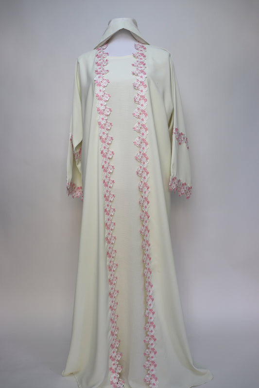 3 Piece Set Floral Embroidery Lace Trim Abaya - Cream / Pink