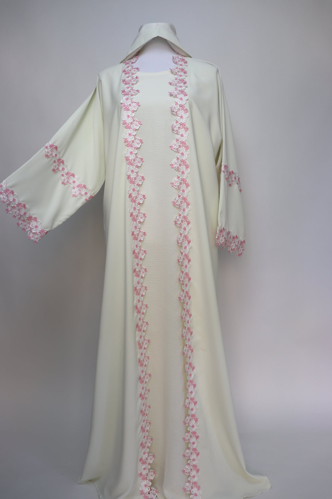 3 Piece Set Floral Embroidery Lace Trim Abaya - Cream / Pink