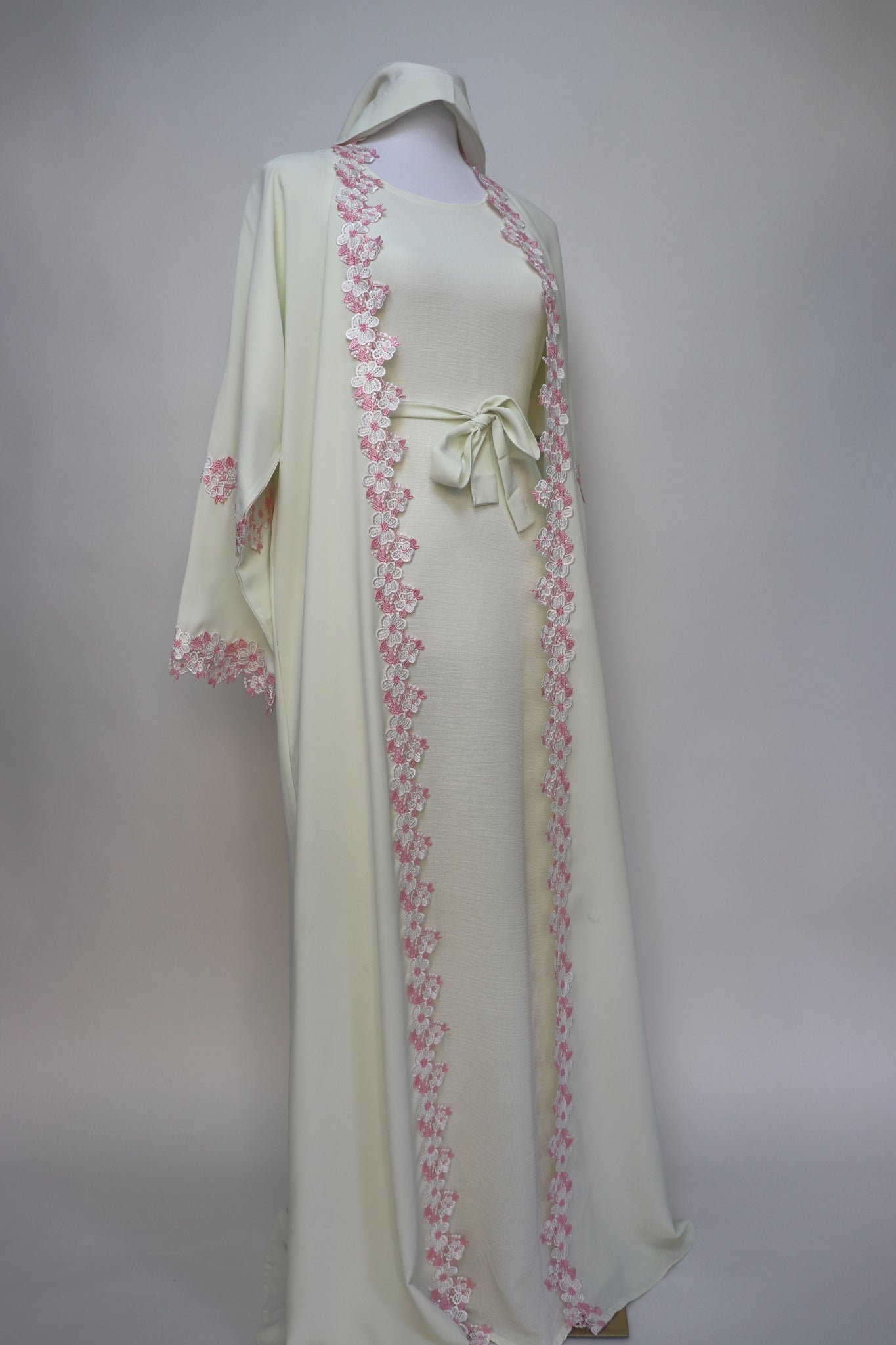 3 Piece Set Floral Embroidery Lace Trim Abaya - Cream / Pink