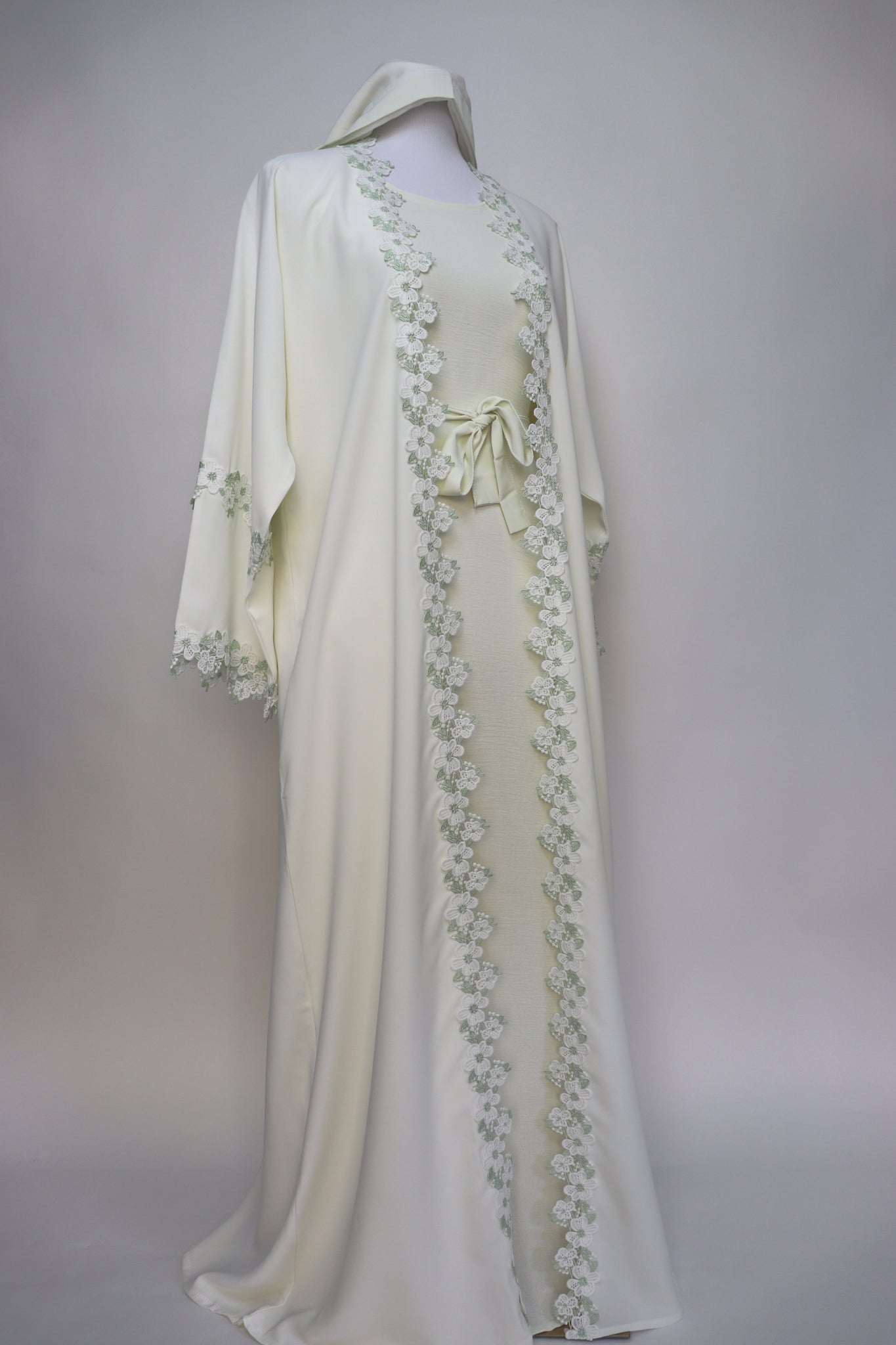3 Piece Set Floral Embroidery Lace Trim Abaya - Cream / Sage