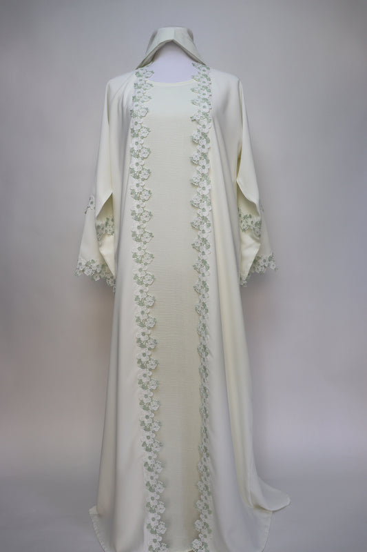 3 Piece Set Floral Embroidery Lace Trim Abaya - Cream / Sage
