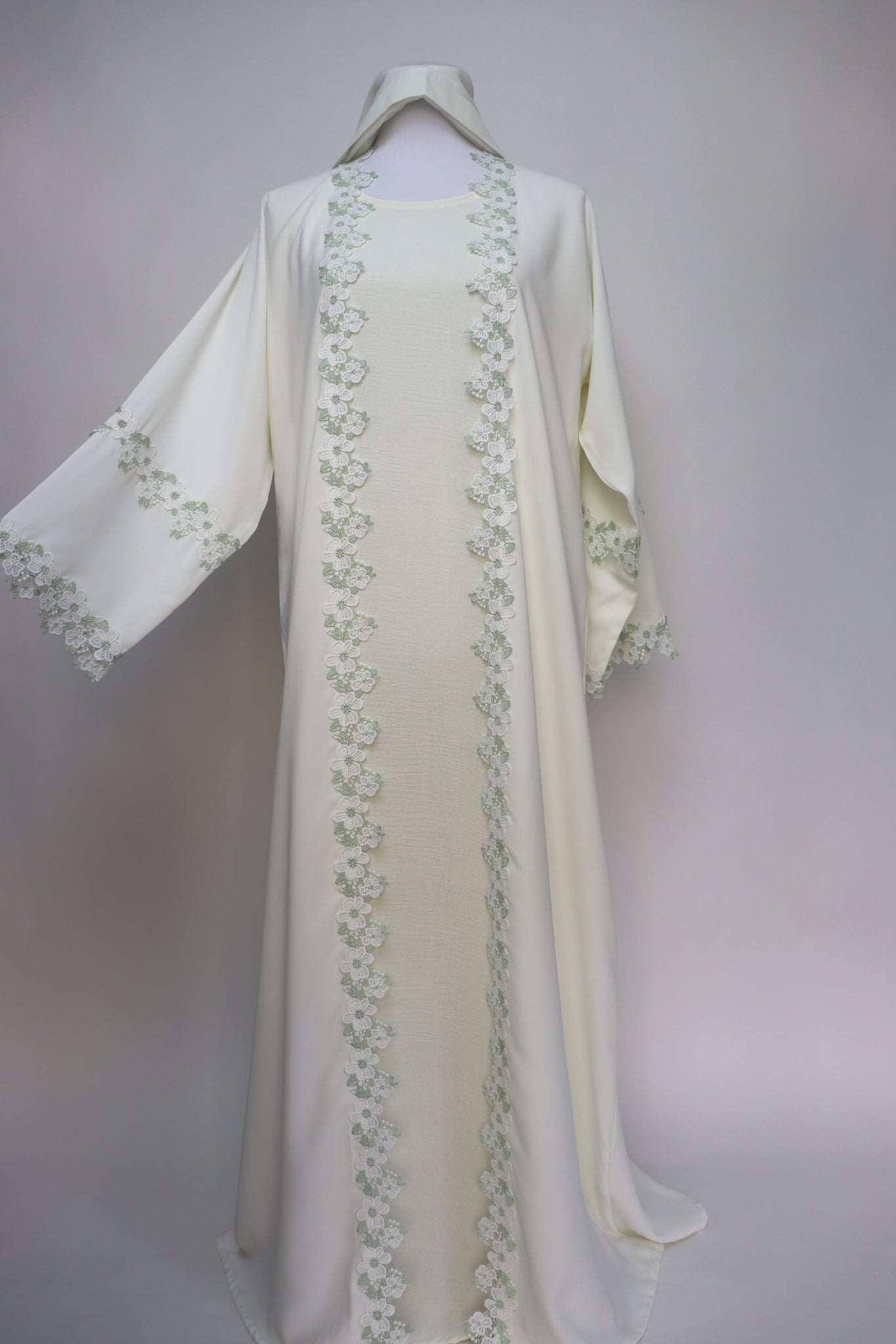3 Piece Set Floral Embroidery Lace Trim Abaya - Cream / Sage