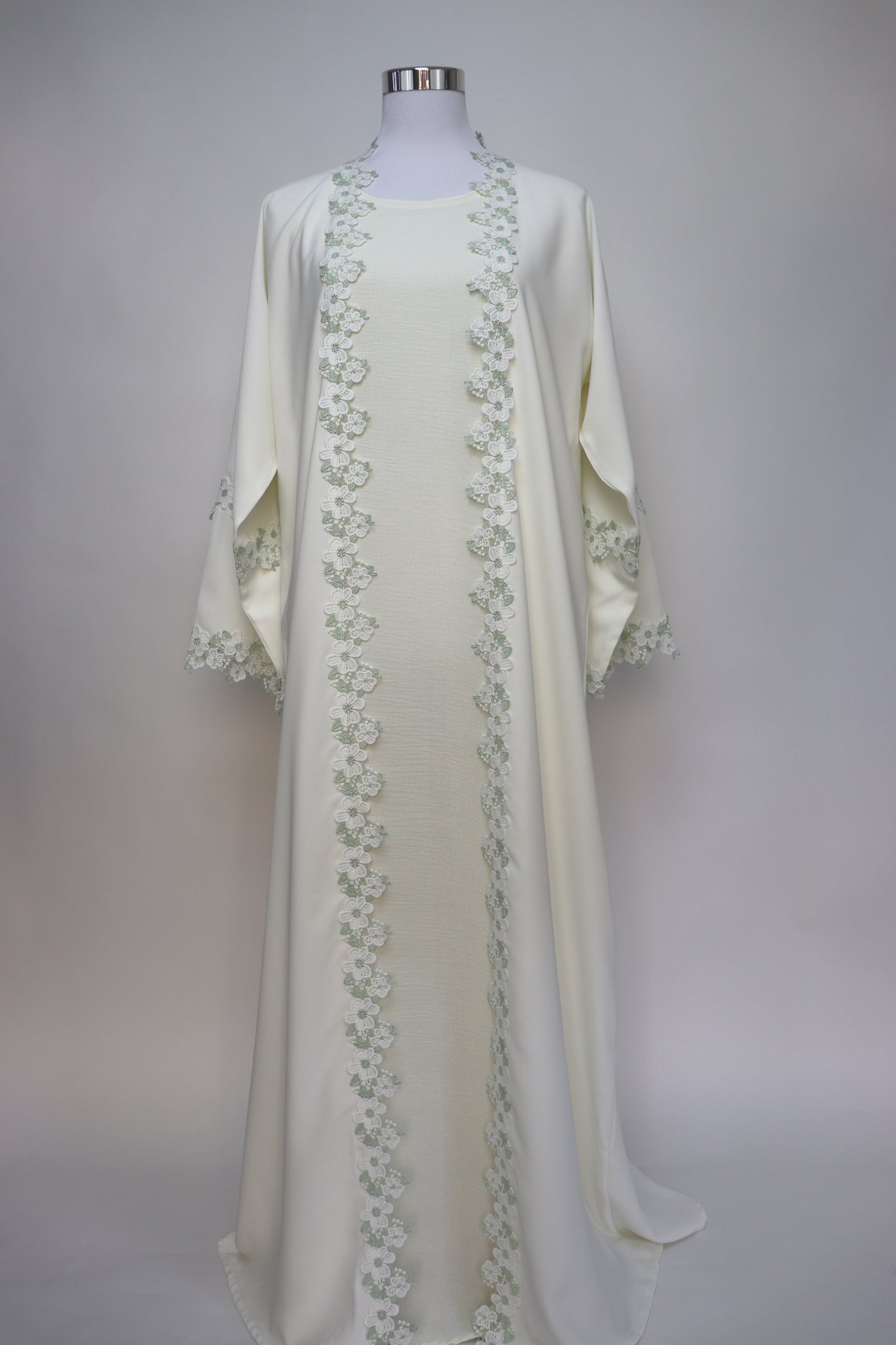 3 Piece Set Floral Embroidery Lace Trim Abaya - Cream / Sage