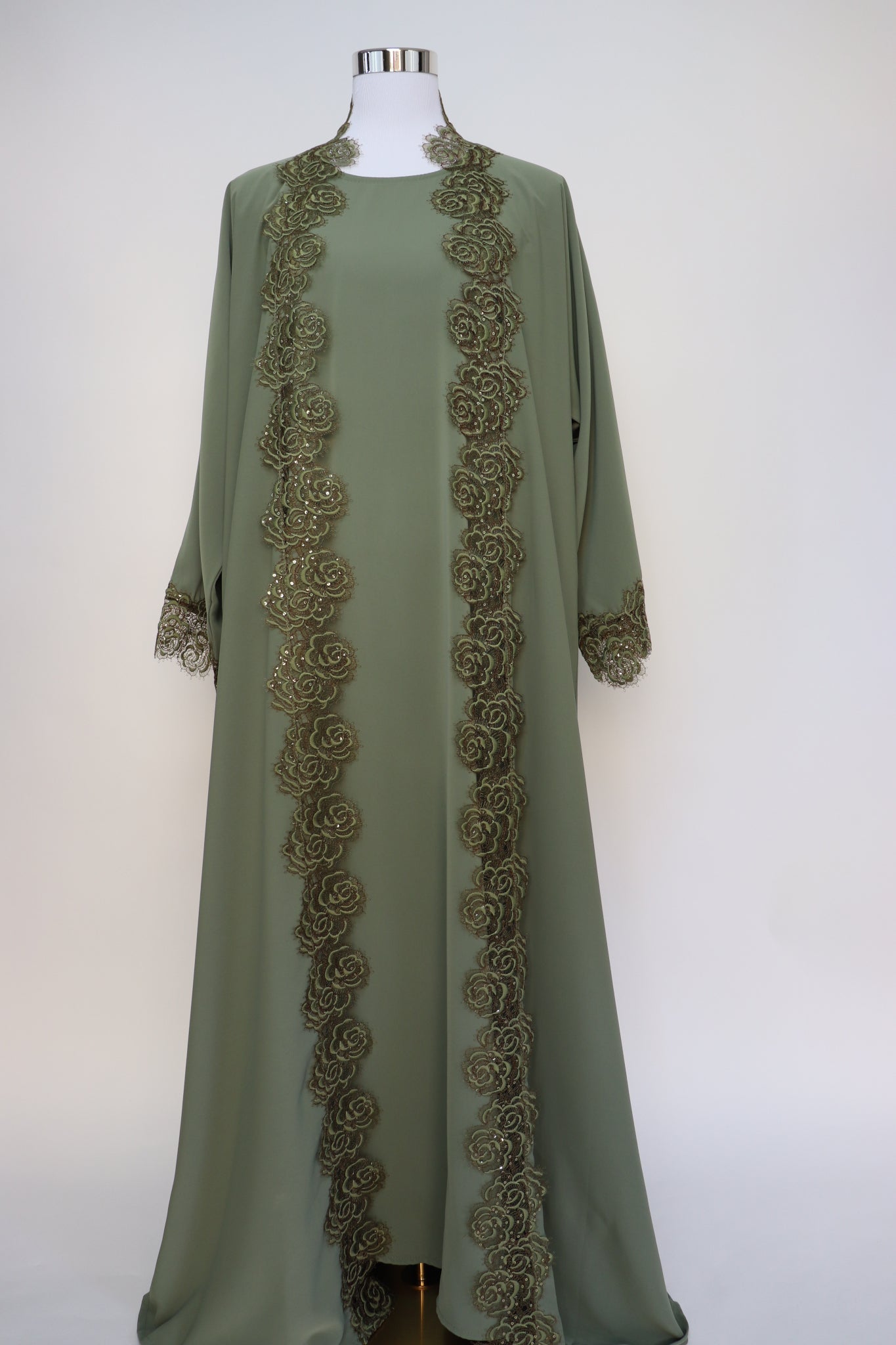 3 Piece Set Floral Lace Trim Abaya - Pistachio
