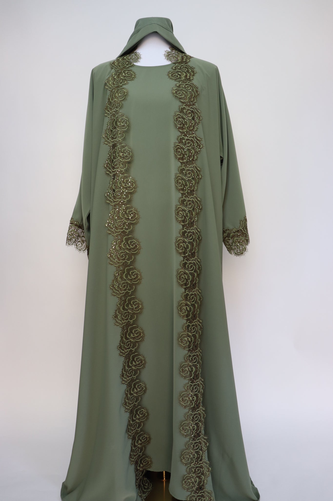 3 Piece Set Floral Lace Trim Abaya - Pistachio