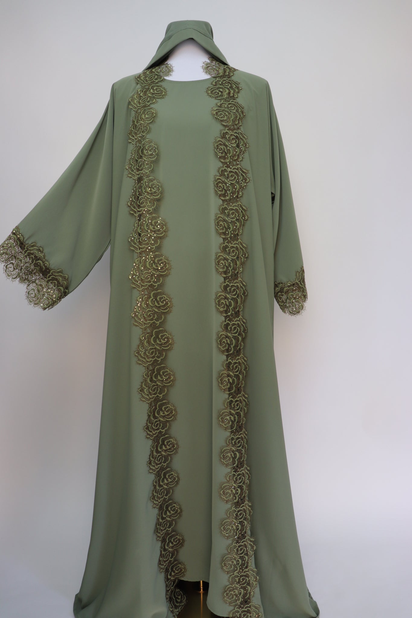 3 Piece Set Floral Lace Trim Abaya - Pistachio