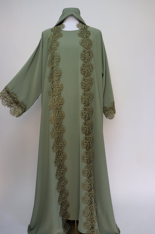 3 Piece Set Floral Lace Trim Abaya - Pistachio