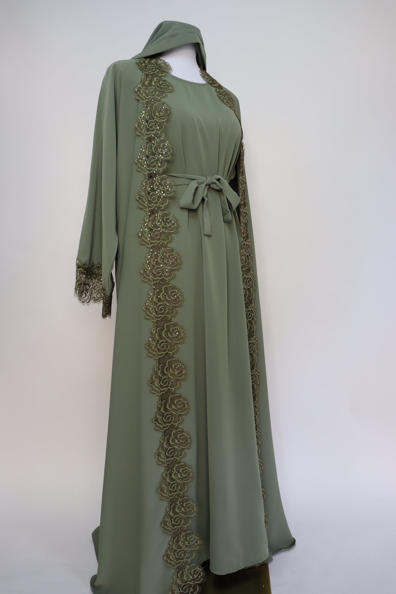 3 Piece Set Floral Lace Trim Abaya - Pistachio